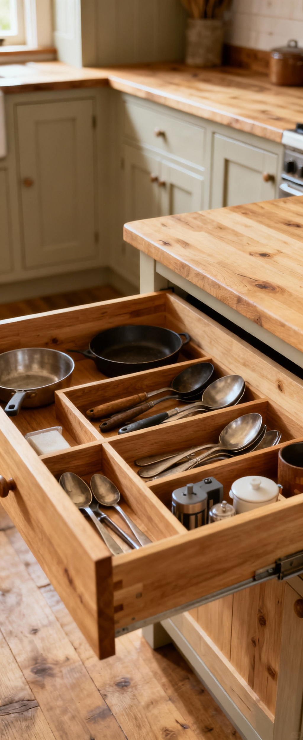 Open farmhouse kitchen cabinet drawer with custom solid wood dividers, neatly organizing utensils and gadgets, natural wood finish, efficient kitchen storage solutions.