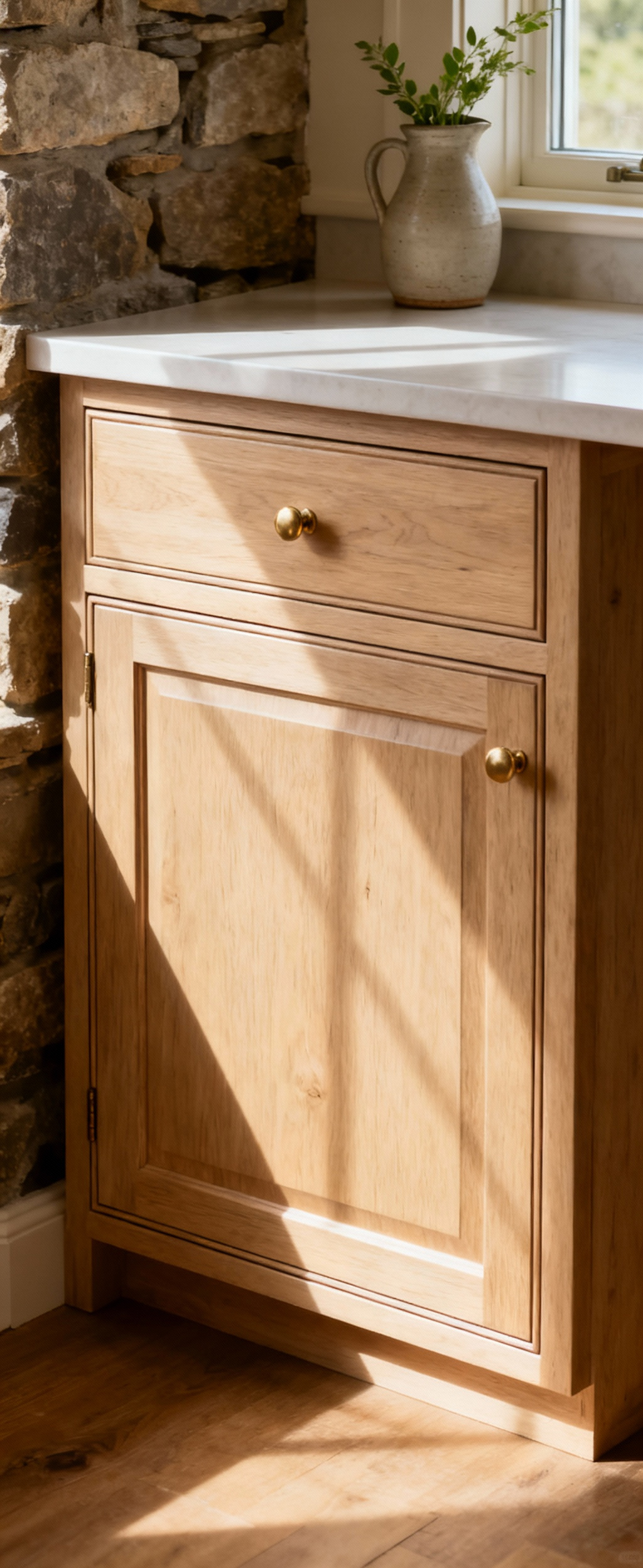Detailed close-up of a farmhouse kitchen cabinet featuring full inset door construction, showing perfectly flush doors and drawers in light wood with elegant shadow lines, highlighting precision craftsmanship and traditional joinery. The cabinet features antique brass hinges, a ceramic pitcher on the countertop, and a rustic stone backsplash.
