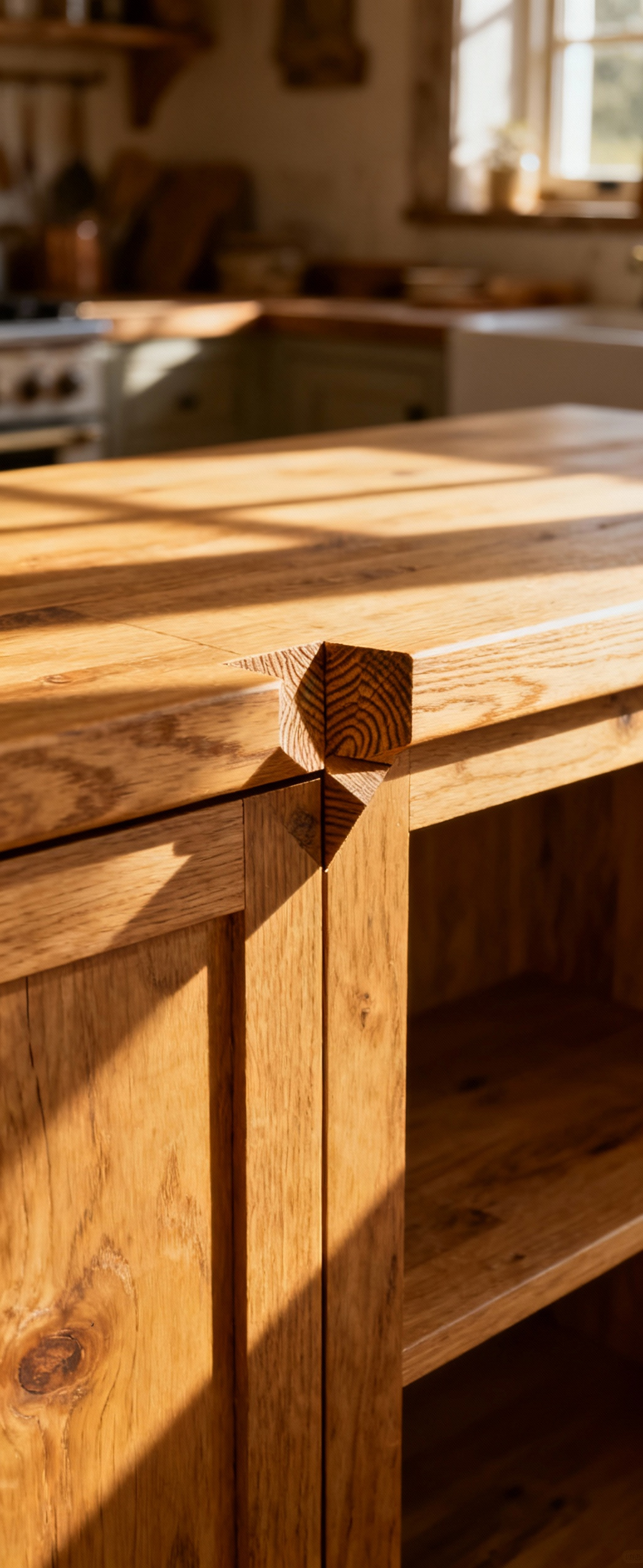 Detailed view of a perfectly fitted mortise-and-tenon joint in a natural wood farmhouse kitchen cabinet, emphasizing traditional craftsmanship and strength.