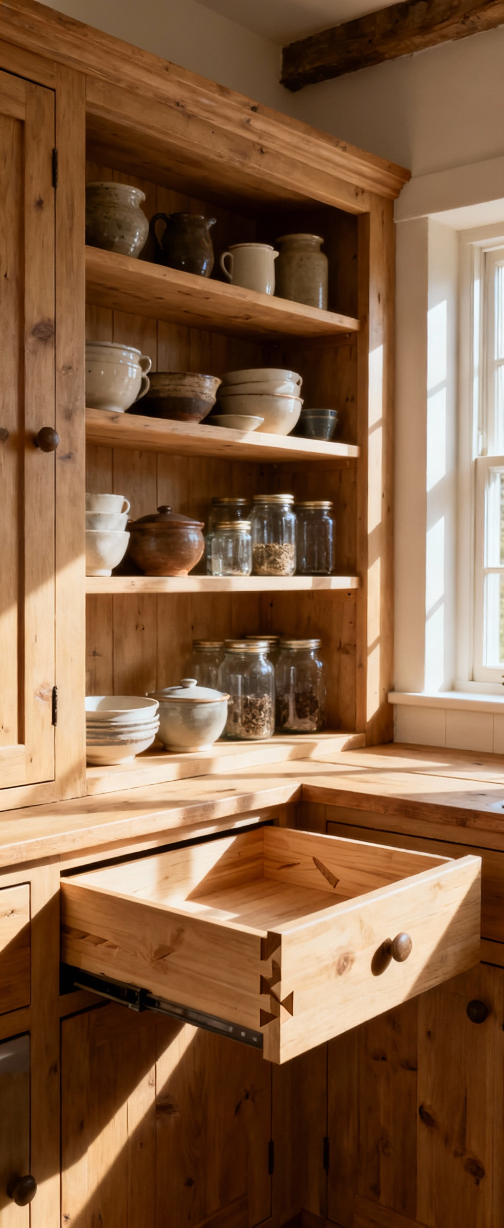 Portrait view of an open farmhouse kitchen cabinet revealing deep shelves, organized utilitarian items, and visible dovetail joinery, emphasizing functional and pragmatic design.