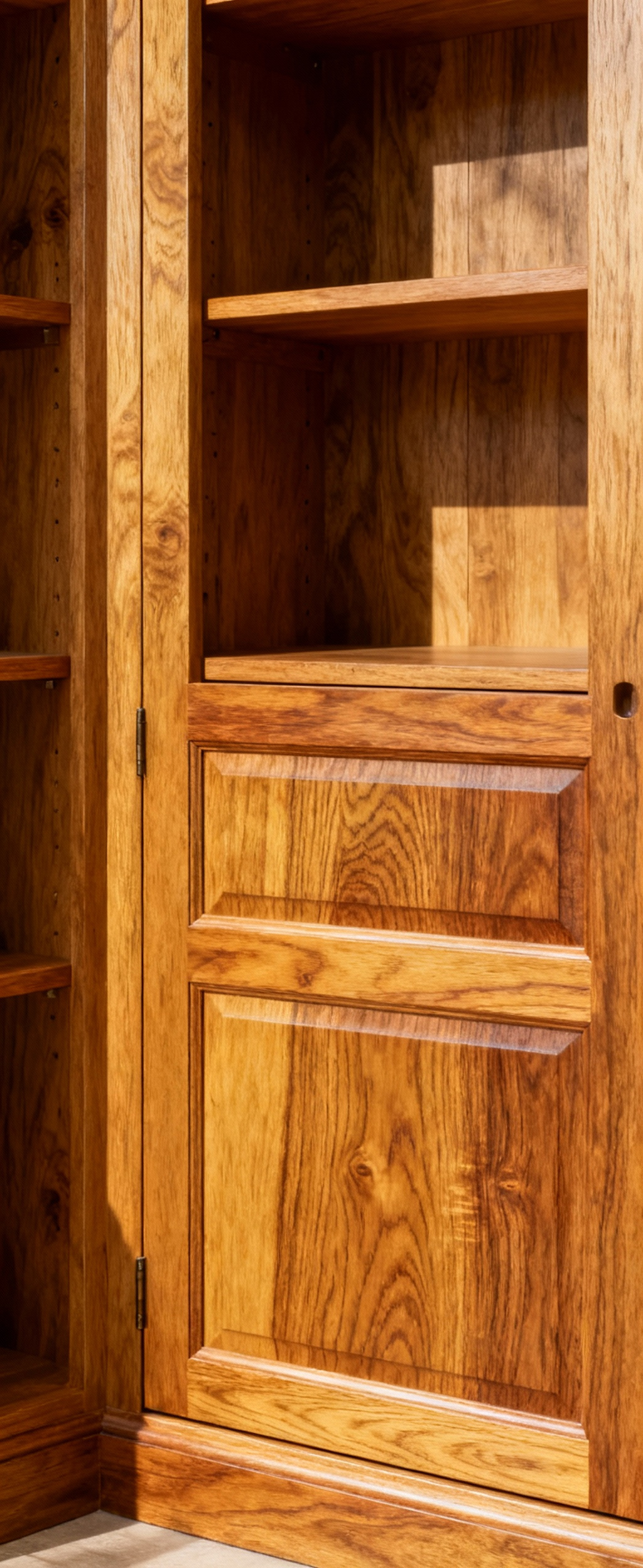 Authentic farmhouse kitchen cabinet with detailed traditional joinery and natural wood finish, representing genuine craftsmanship.