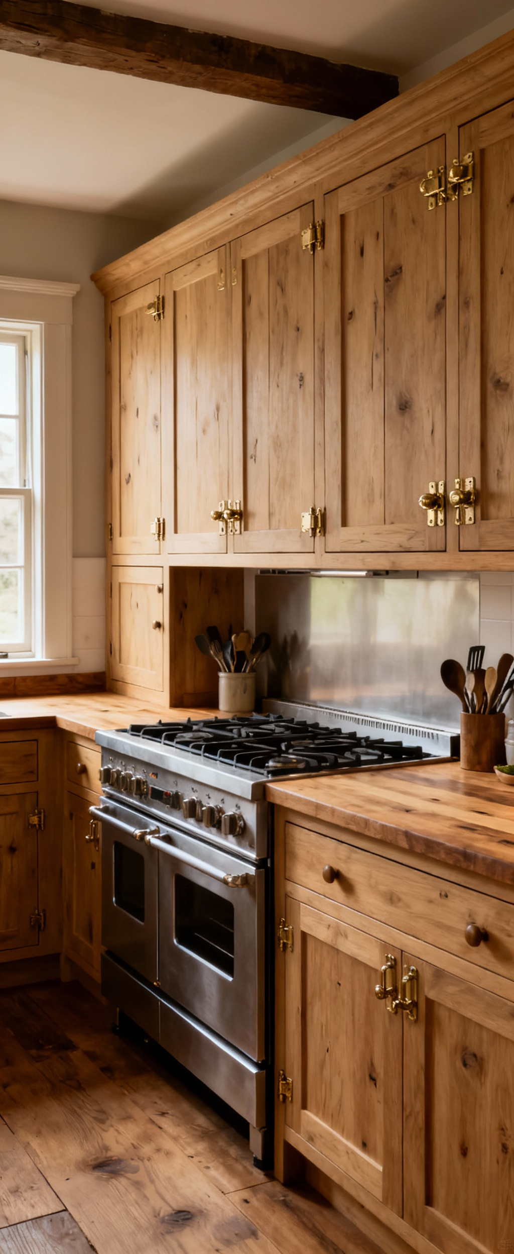 Portrait view of a well-organized farmhouse kitchen cooking and prep zone. Features custom-built white oak inset cabinetry, period latches, a professional range, and spacious countertops. Demonstrates ergonomic design and task-centric organization.