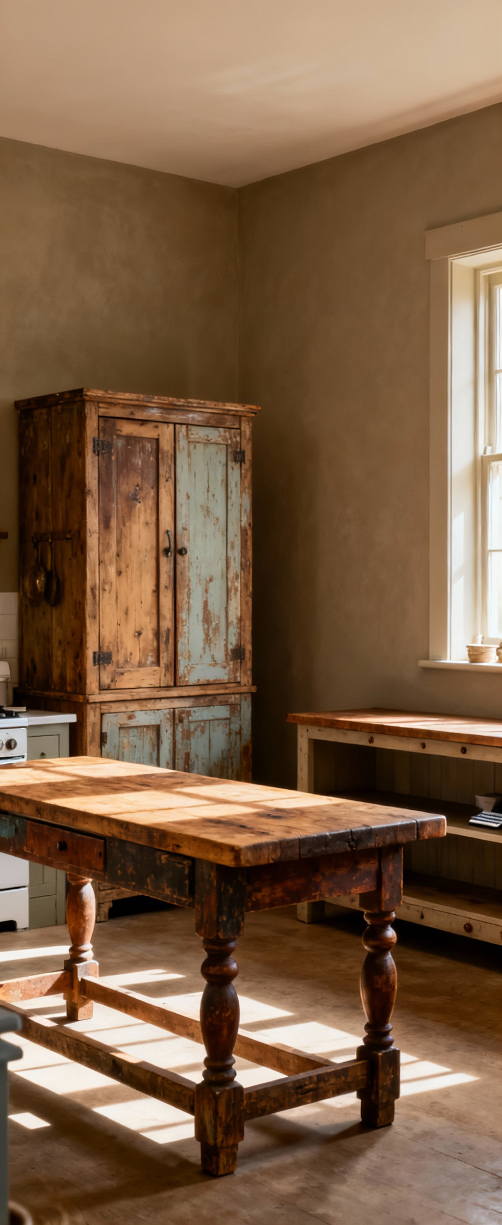 An authentic unfitted farmhouse kitchen showcasing a tall rustic wooden larder cupboard, an antique butcher block island, and an open-shelved dresser, all under warm natural light, highlighting varied wood textures and traditional craftsmanship.