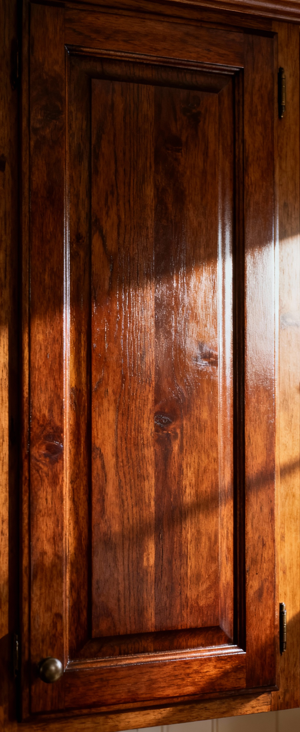 Close-up of a farmhouse kitchen cabinet door featuring a rich, hand-applied wood finish showing deep grain and subtle luster