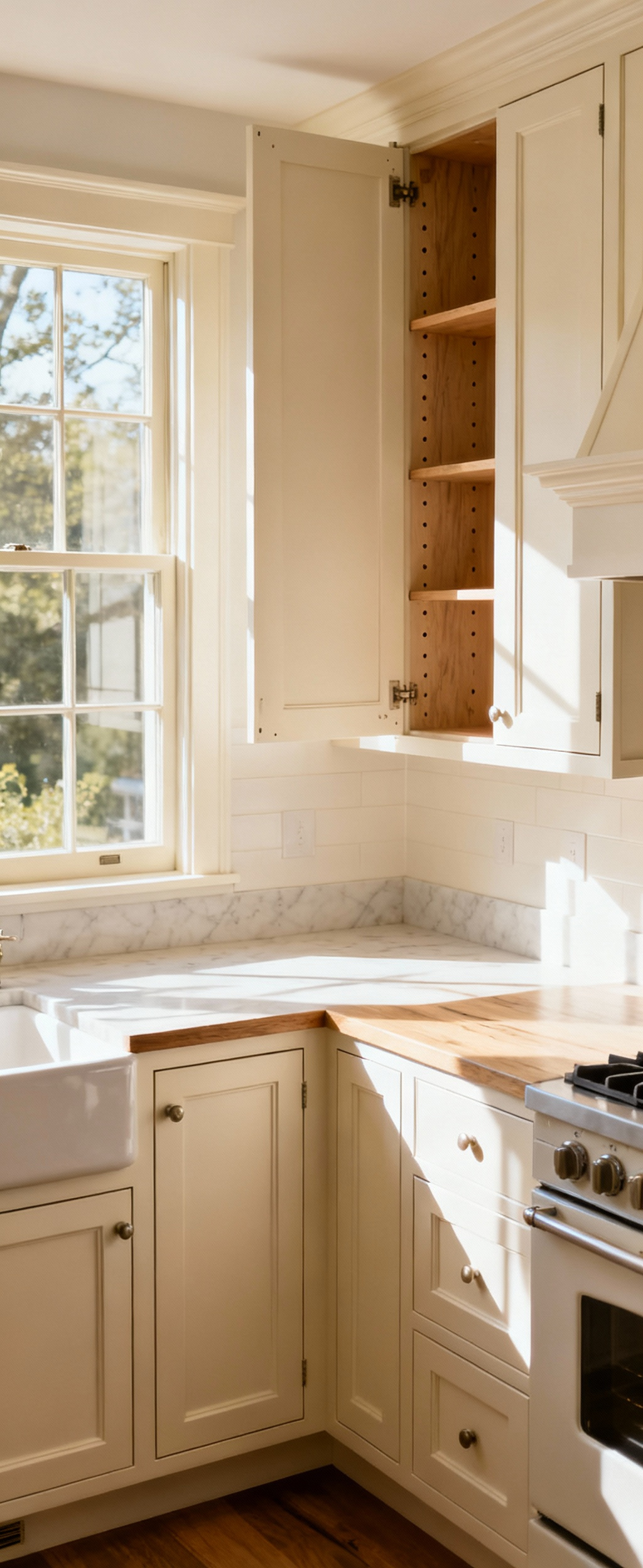 Farmhouse kitchen with adaptable, future-proof custom cabinetry featuring modular base units, inset doors, adjustable shelving, and solid wood construction, seen from a high-angle perspective with warm natural lighting.
