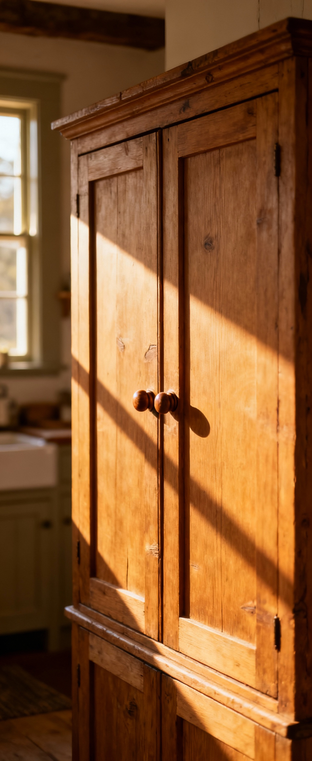 Authentic farmhouse kitchen cabinet forms showcasing traditional joinery and natural wood, embodying vernacular design evolution.