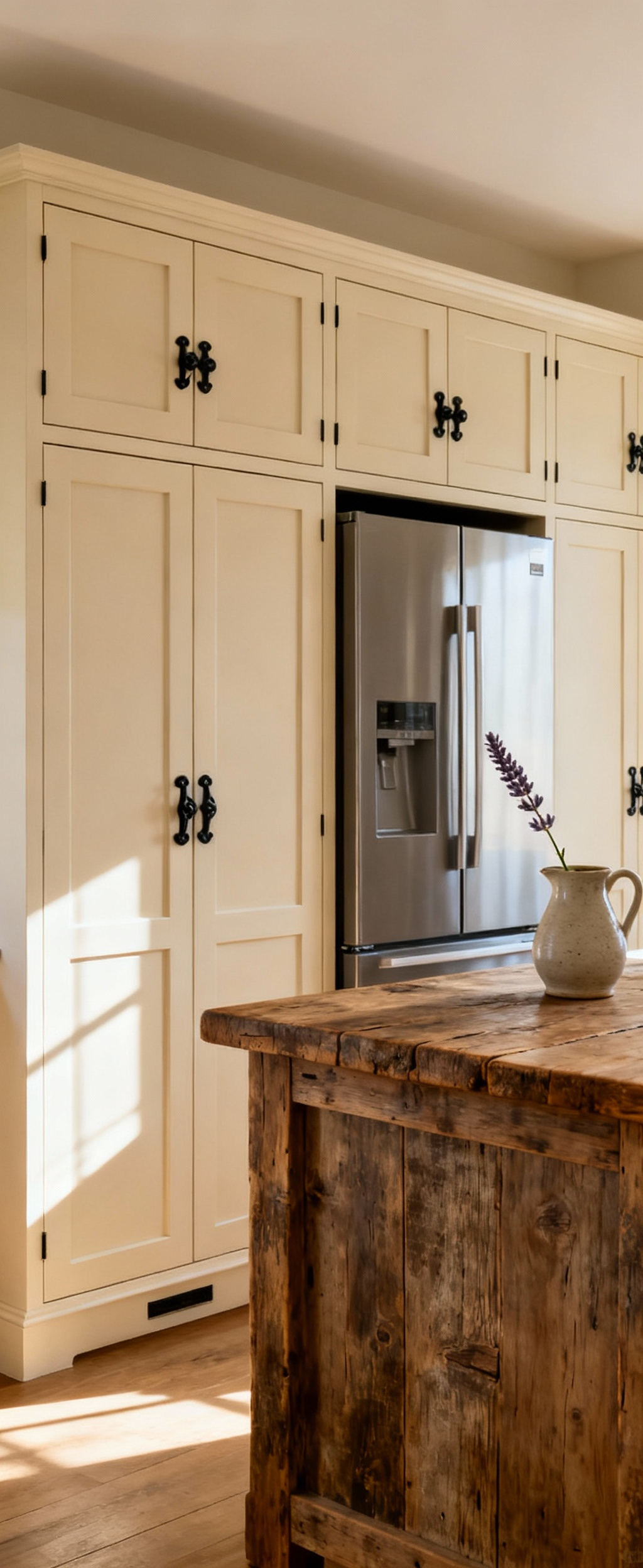 A farmhouse kitchen interior featuring a floor-to-ceiling Shaker-style armoire with flush-inset panels and iron hardware, seamlessly concealing a refrigerator within traditional cabinetry, with a wooden countertop and subtle natural light.