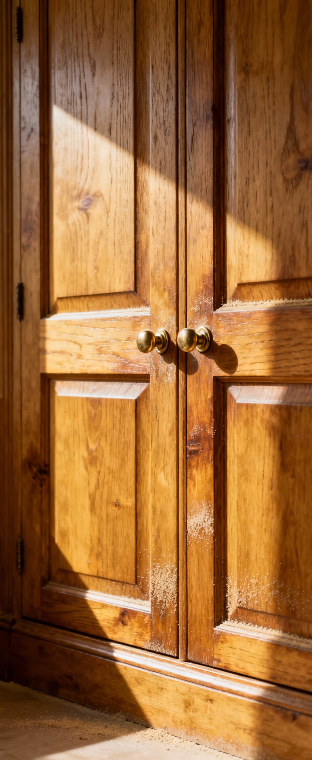 Close-up of farmhouse kitchen cabinets with authentic wood patina and subtle imperfections, featuring quarter-sawn white oak and antique brass hardware.