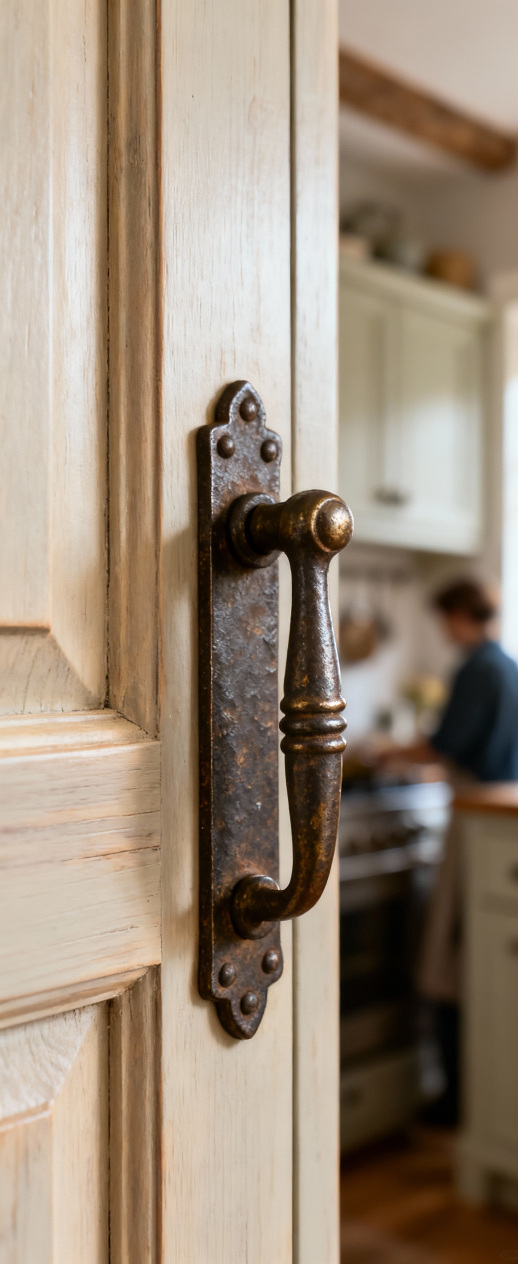 Close-up of a meticulously crafted forged iron thumb latch on a vintage-style farmhouse kitchen cabinet door, showcasing authentic period-appropriate hardware and bespoke craftsmanship.