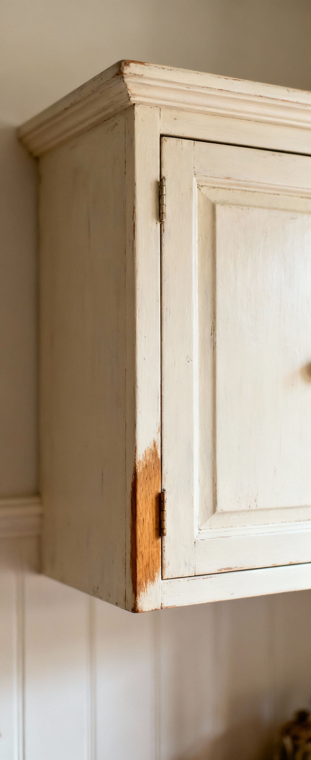 Detail of a naturally aged farmhouse kitchen cabinet, featuring subtle wear on milk paint and a rich wood patina, enhancing its authentic character.