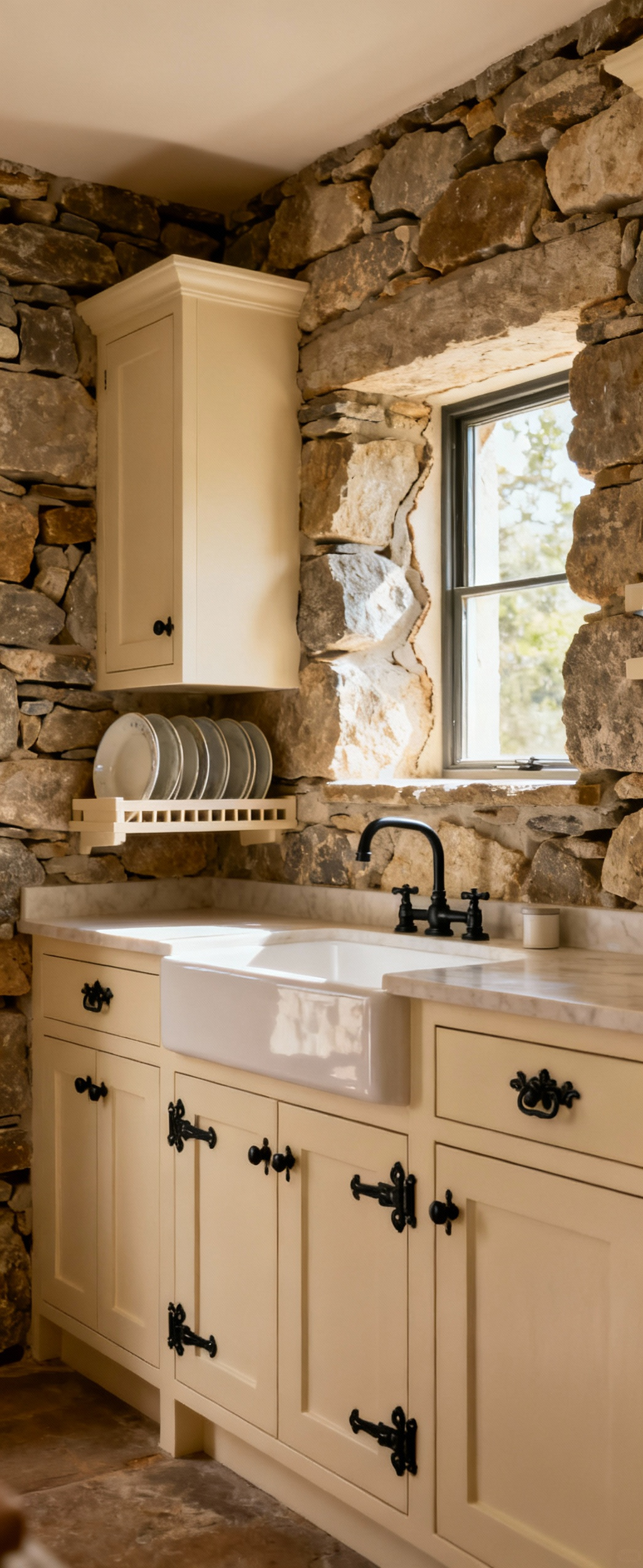Bespoke farmhouse kitchen cabinets custom-fitted to an uneven stone wall with a plate rack integrated into an irregular window alcove.
