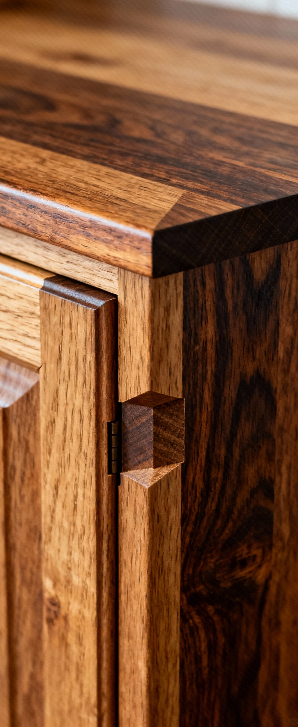 Close-up of a meticulously crafted farmhouse kitchen cabinet door showing hand-cut dovetail joinery in rich black walnut, bathed in warm natural light, symbolizing enduring artisanal quality.
