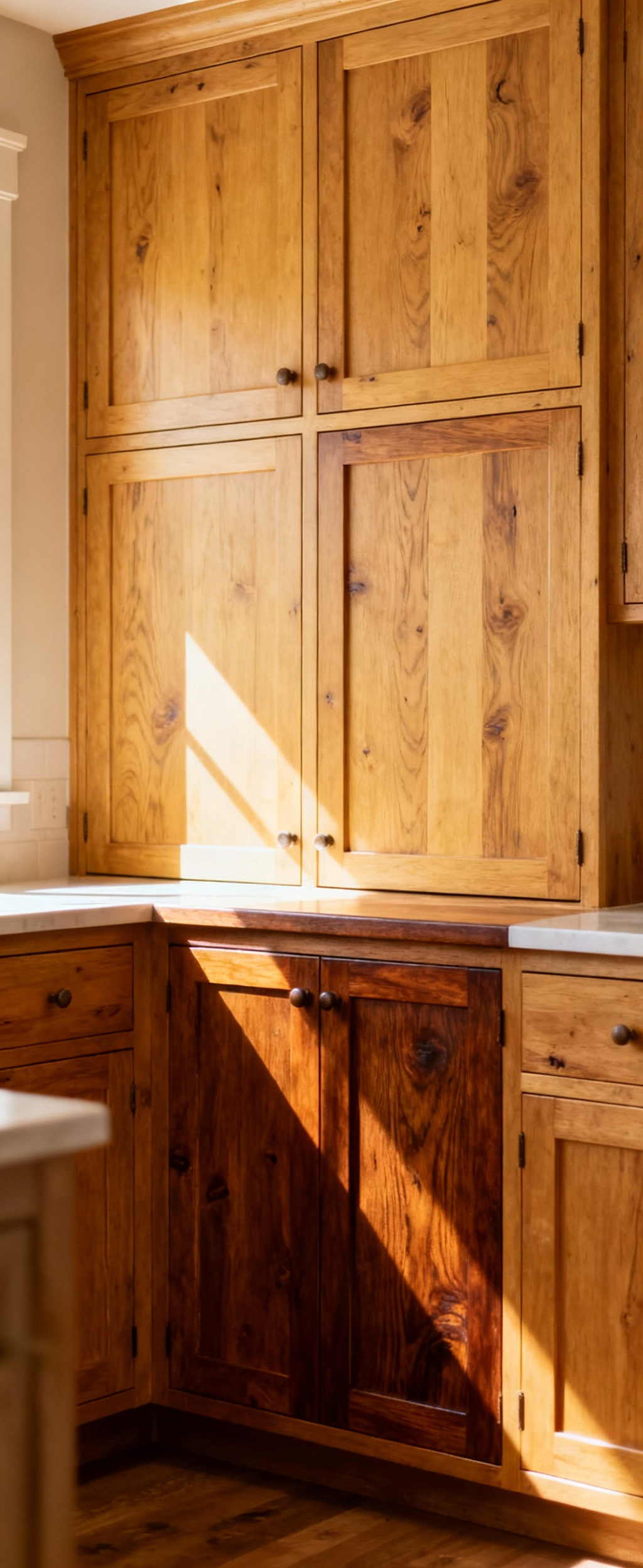 Farmhouse kitchen cabinets crafted from durable indigenous hardwood, showing rich grain and a beautiful, authentic finish.