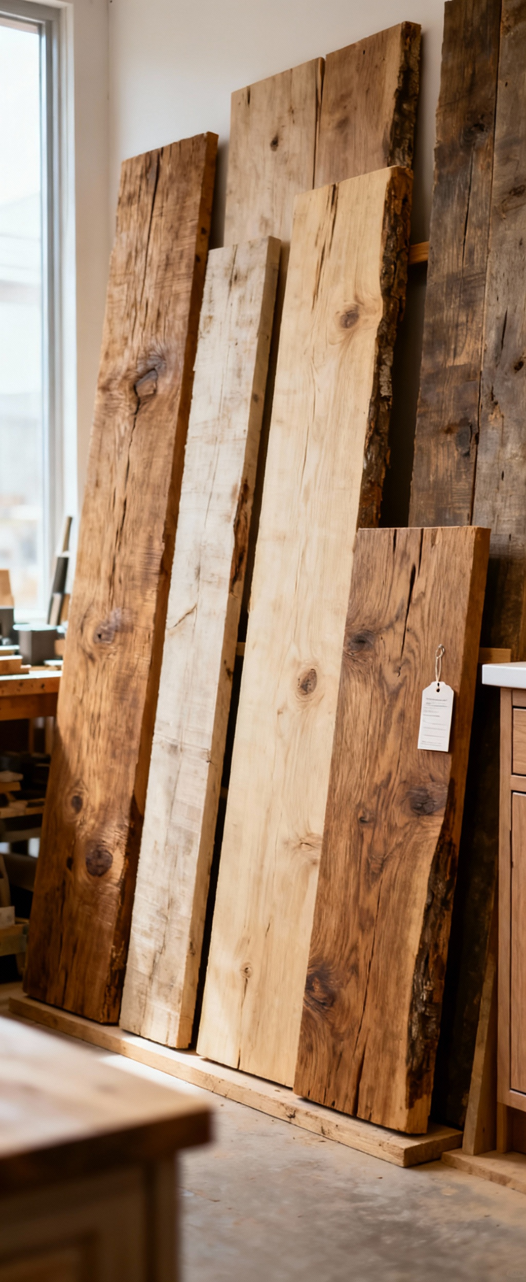 High-quality close-up of various raw, sustainably sourced and reclaimed wood pieces, showcasing their unique grain and texture, intended for durable farmhouse kitchen cabinets.