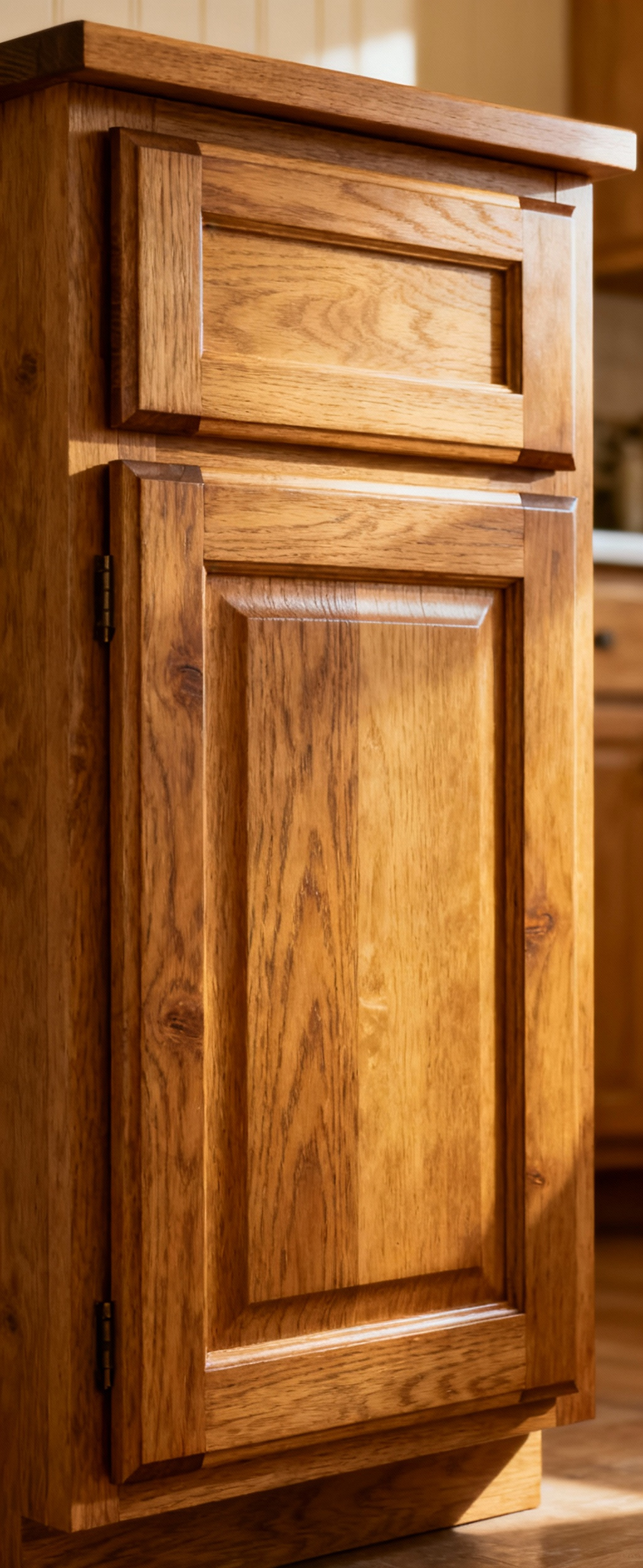 Close-up of a solidly constructed farmhouse kitchen cabinet door made from quartersawn white oak, featuring visible through-mortise-and-tenon joinery, representing intergenerational durability and traditional craftsmanship.