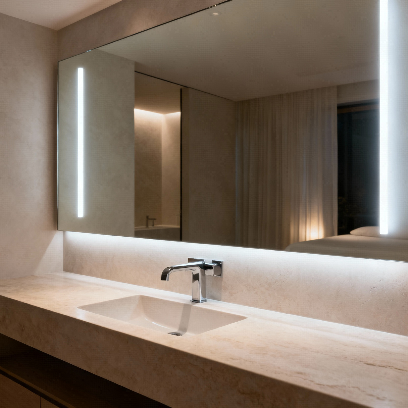 Modern bathroom vanity with integrated tunable white LED lighting showing a neutral light setting, designed to optimize circadian rhythms, no people or text.