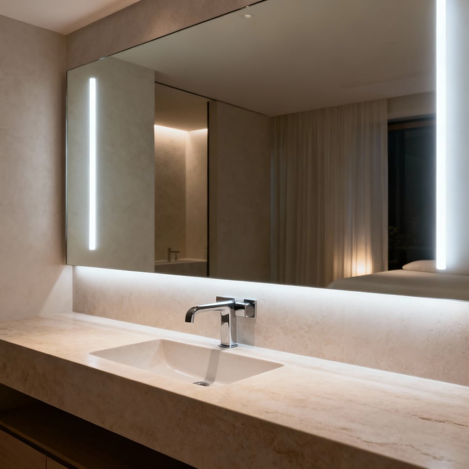 Modern bathroom vanity with integrated tunable white LED lighting showing a neutral light setting, designed to optimize circadian rhythms, no people or text.