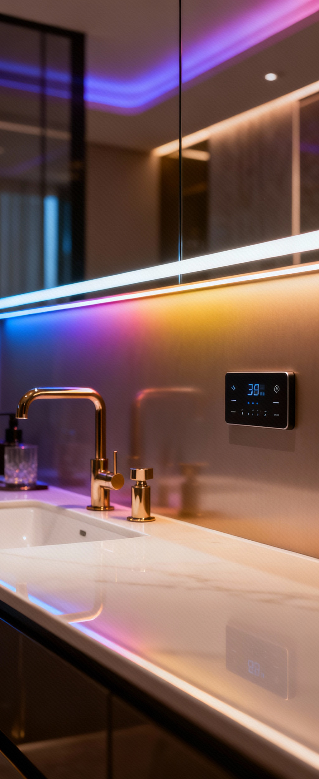 Modern bathroom vanity with dynamic Smart Bathroom Lighting, programmable LED mirror lighting, and sophisticated smart home integration, showcasing varied light temperatures and a serene, wellness-focused ambiance.