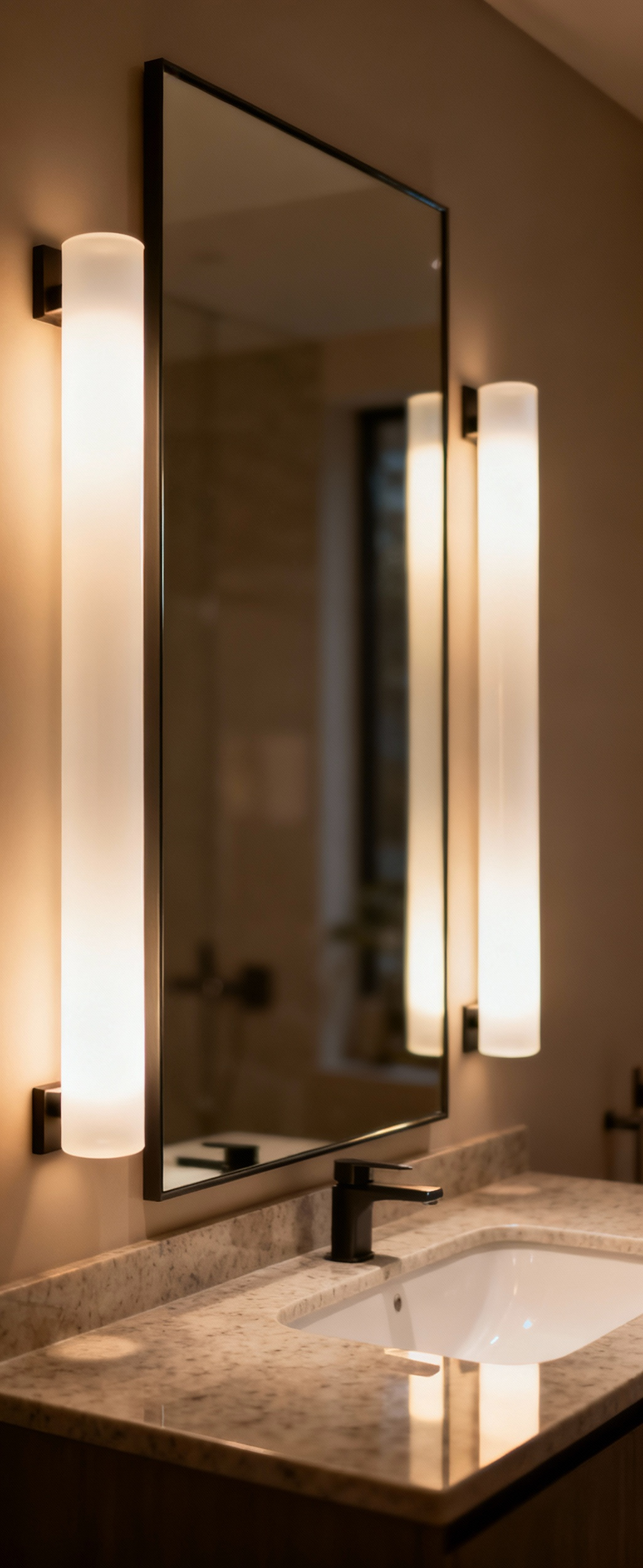 Modern bathroom vanity with two elegant vertical sconces featuring opaline glass diffusers providing uniform, soft light. A large mirror and sleek countertop are illuminated without glare.