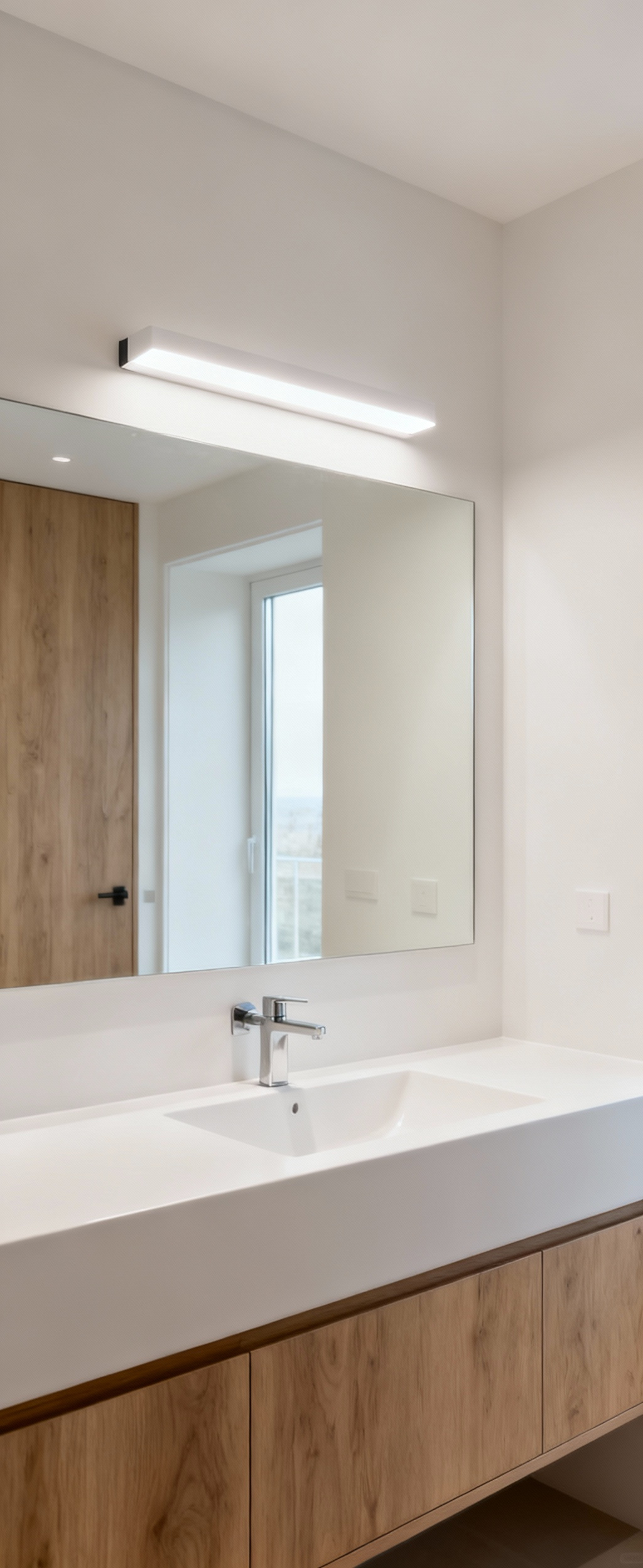 Modern bathroom vanity with sleek lighting fixtures, emphasizing low-VOC finishes for superior indoor air quality and a healthy living environment.