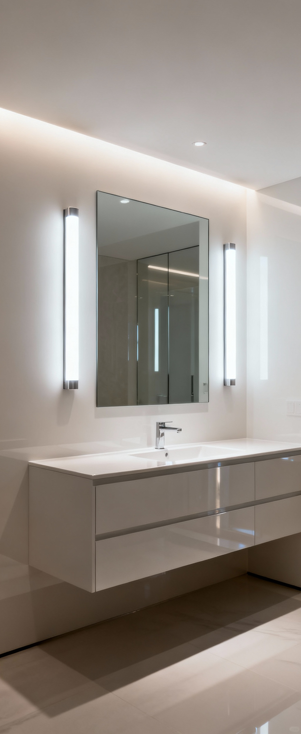 A sophisticated bathroom vanity showcasing vertically mounted Energy Star certified LED luminaires, providing brilliant, high-quality light over the mirror and sink, embodying energy efficiency and modern design.