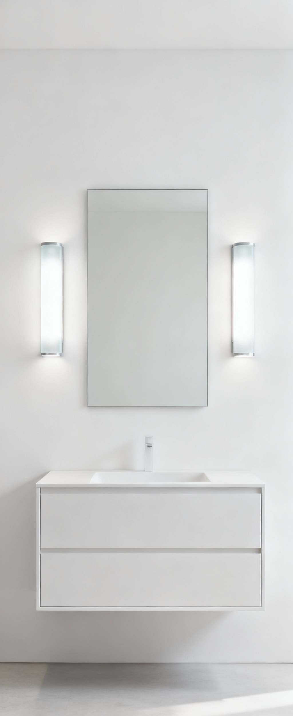 Modern bathroom vanity with two vertically-mounted sconces flanking a mirror at eye-level, demonstrating even, shadowless flank illumination.
