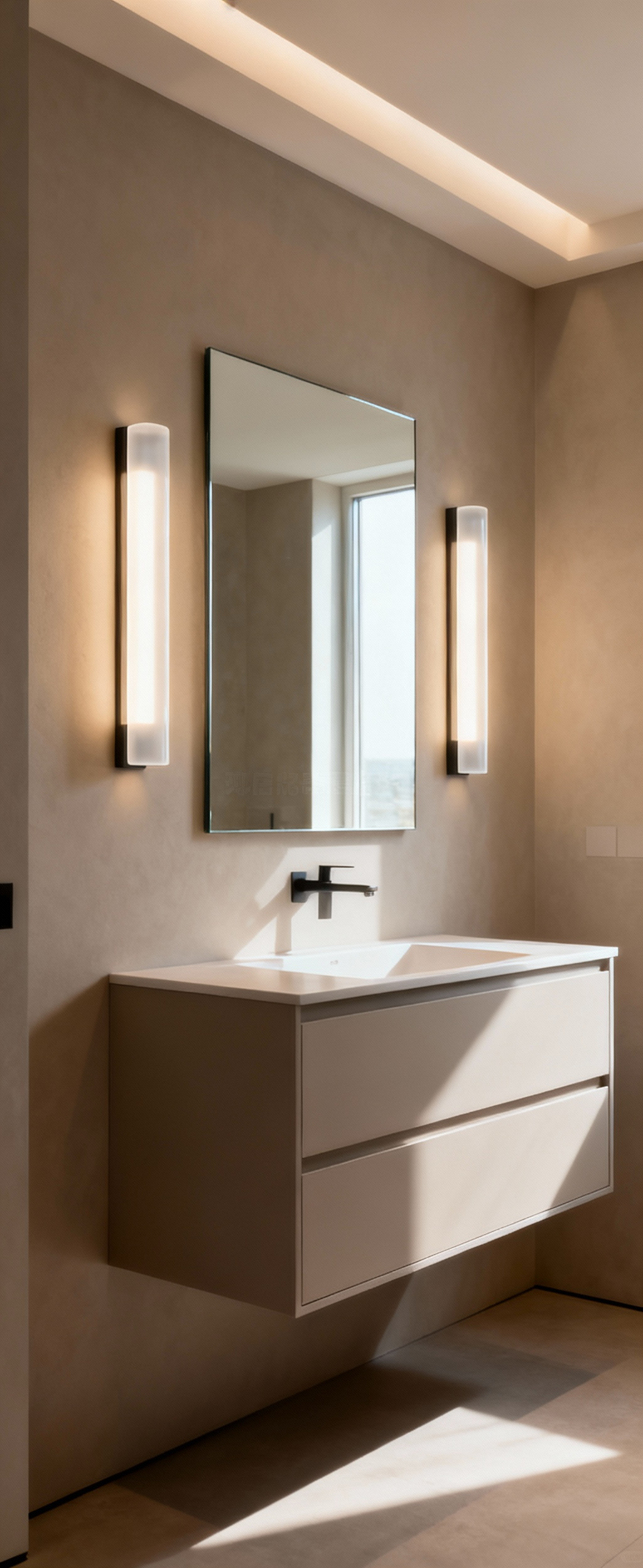 Modern bathroom with a perfectly scaled LED sconce illuminating a frameless mirror above a floating vanity, demonstrating optimal luminaire proportions for optical balance and serene ambiance.