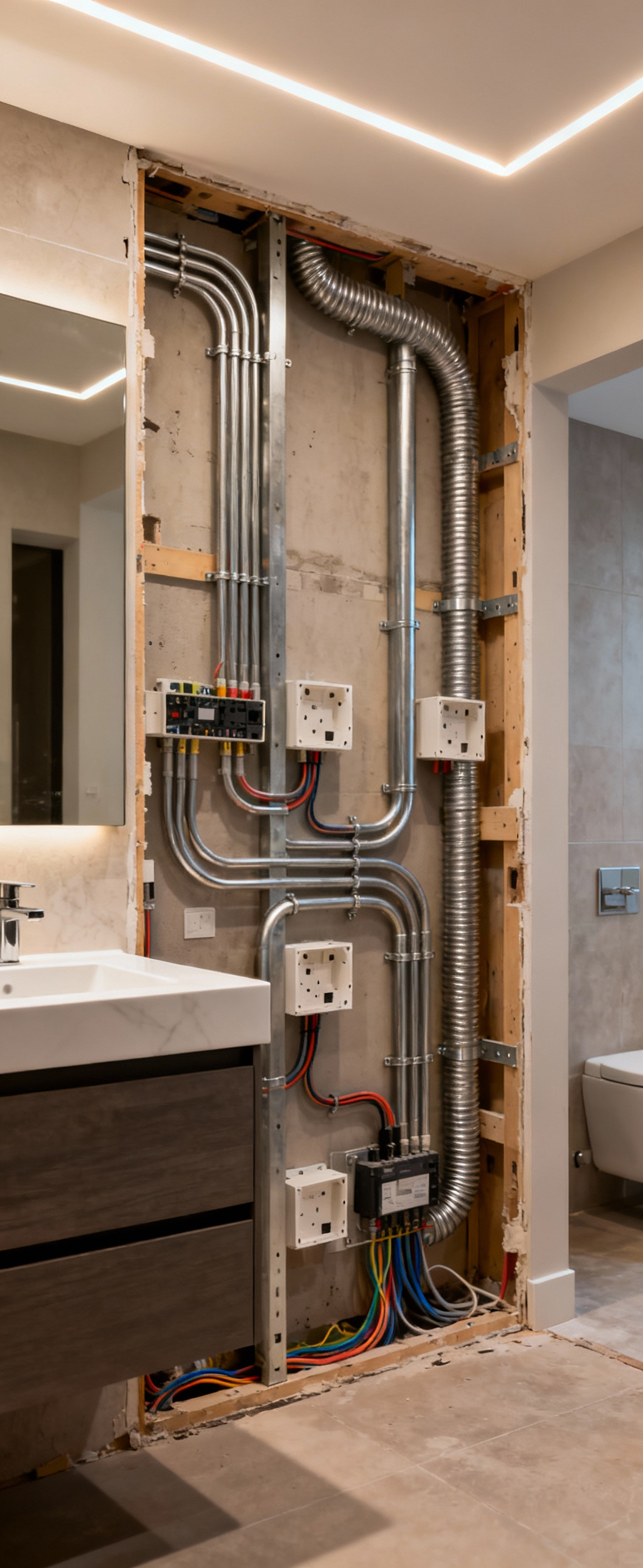 Detailed view of flexible wiring conduits and junction boxes behind a modern bathroom vanity, showcasing infrastructure designed for future smart home technology adaptability and diverse lighting needs. Emphasizes future-proof wiring.