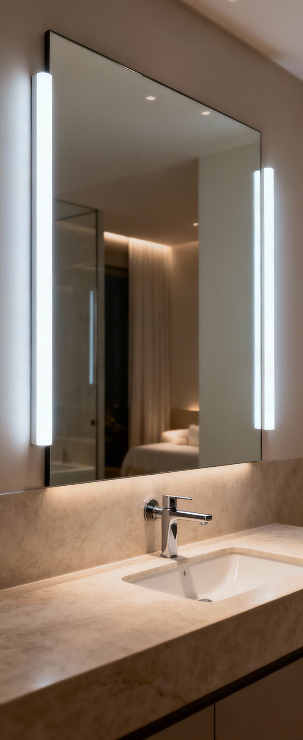 Modern bathroom vanity with integrated tunable white LED lighting showing a neutral light setting, designed to optimize circadian rhythms, no people or text.
