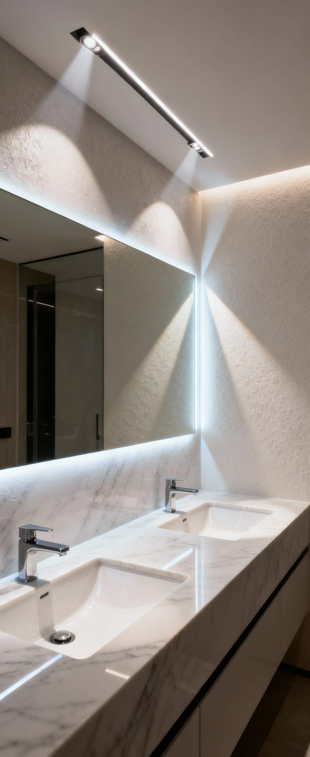 Modern bathroom vanity with a double sink, large mirror, and marble countertop, showing the effect of narrow-beam recessed downlights creating focused task lighting and soft ambient illumination on textured walls, emphasizing depth and vibrancy.