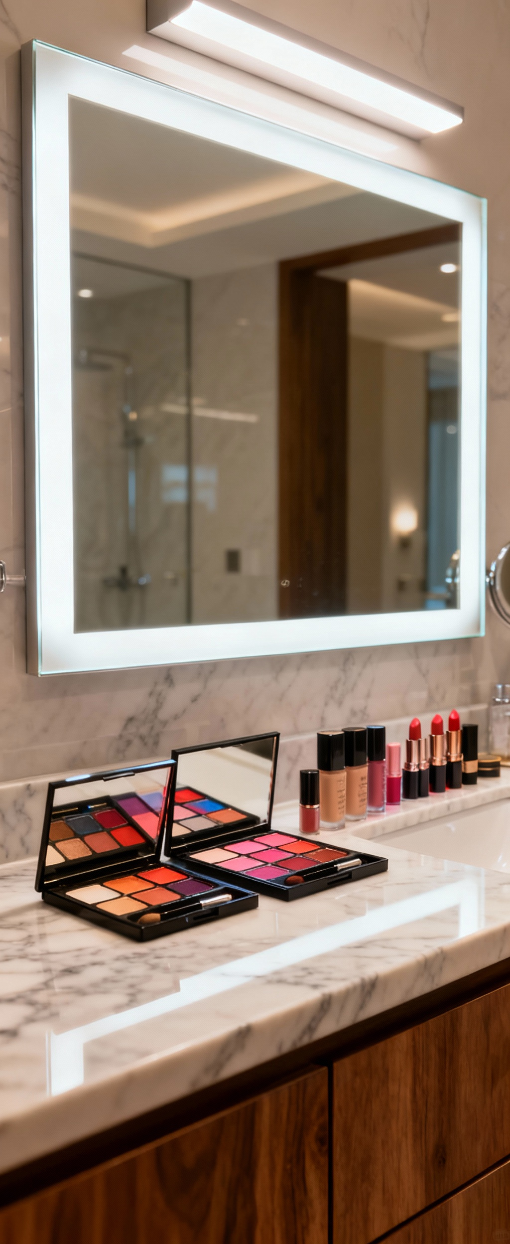 Modern bathroom vanity with high CRI lighting showcasing authentic colors of makeup products and natural skin tones for precise application.