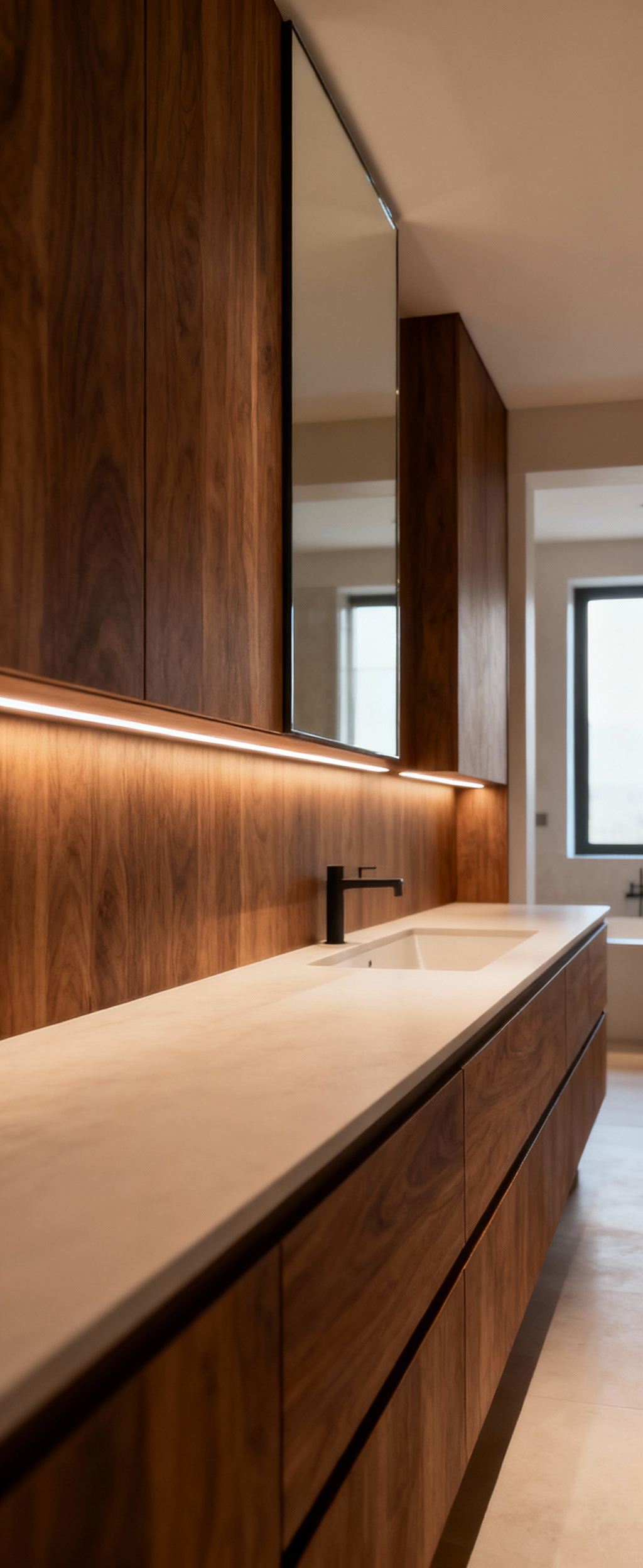 Elegant bathroom vanity with custom wood millwork and integrated, completely hidden LED lighting that illuminates the counter and mirror area with a soft, warm glow, creating a sleek, contemporary aesthetic.