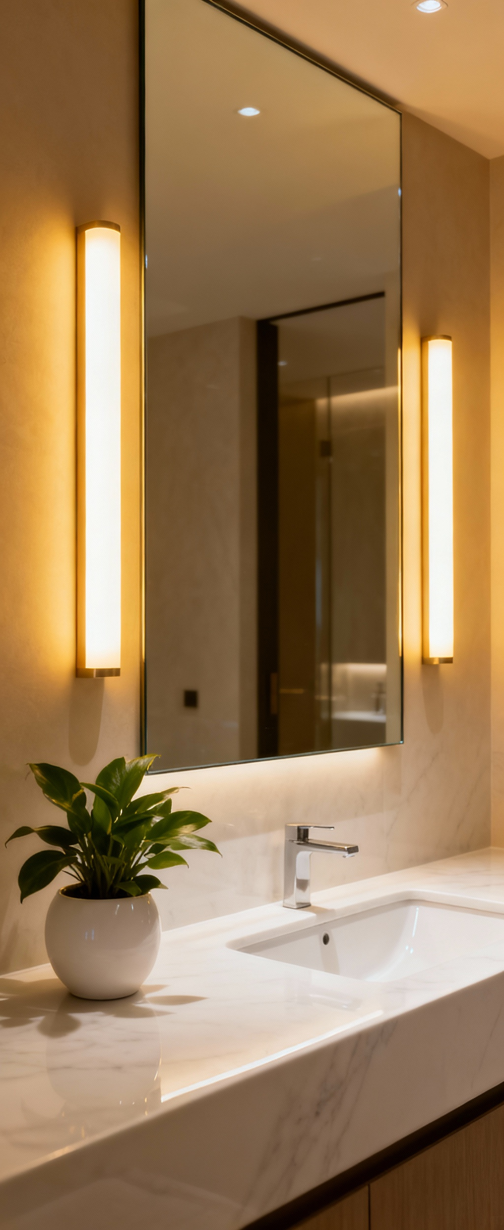 Bathroom vanity with vertical warm-spectrum LED sconces, creating a soft, diffused golden light for a serene and stress-reducing ambiance.