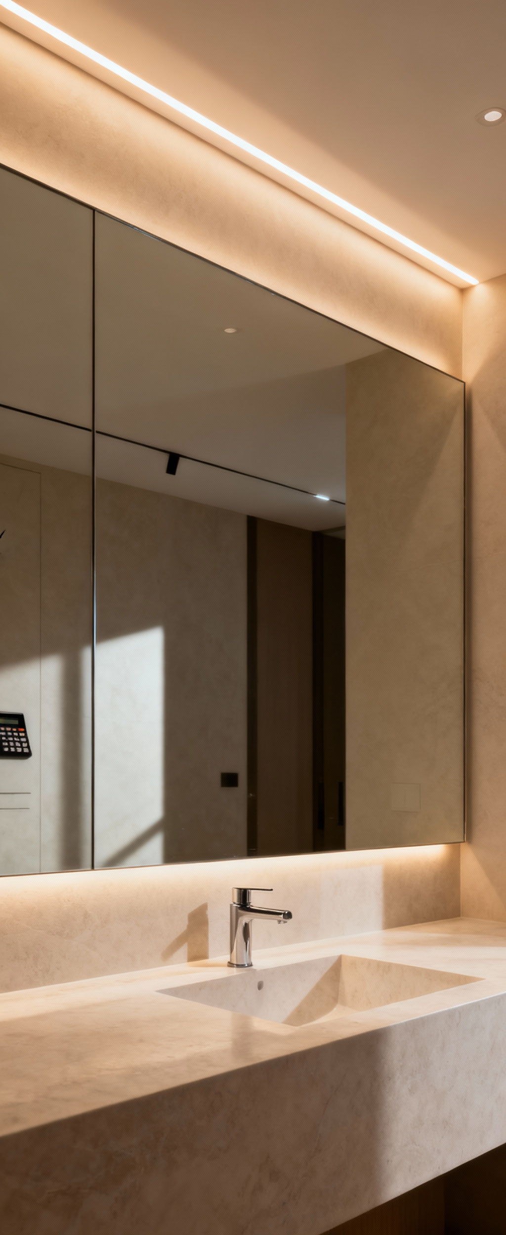 Modern bathroom vanity with integrated, flicker-free LED lighting demonstrating seamless, ultra-low dimming for enhanced wellness and visual comfort.