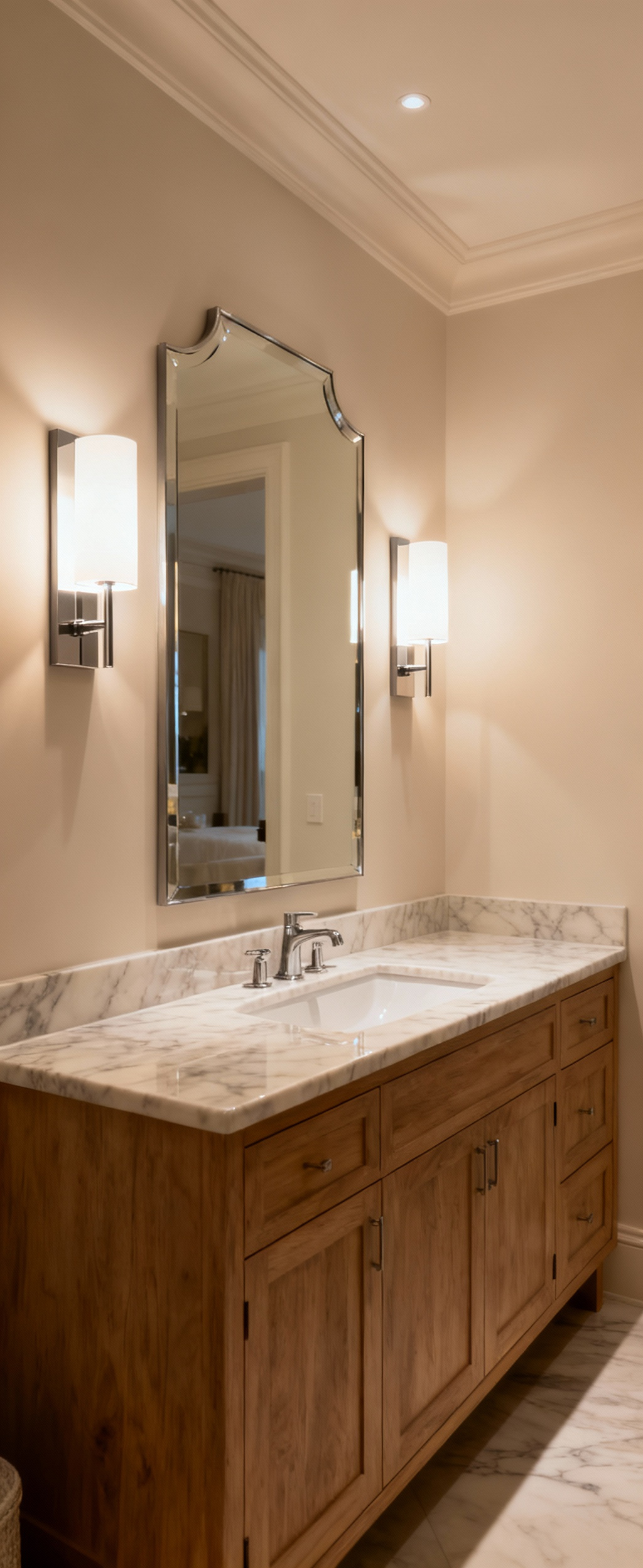 Bathroom vanity with warm Correlated Color Temperature (CCT) lighting, 2700K-3000K, creating a comfortable and inviting residential ambiance for wellness and visual comfort.