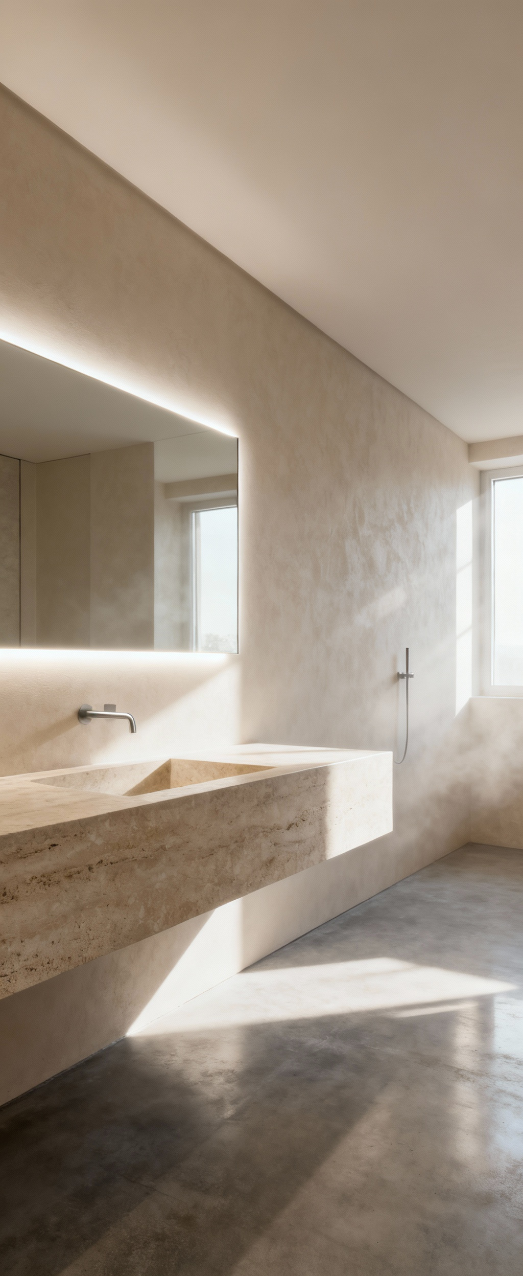 A modern bathroom vanity with subtle backlighting behind a frameless mirror and floating counter, creating an ethereal glow and enhancing perceived depth, featuring clean lines and a serene ambiance.