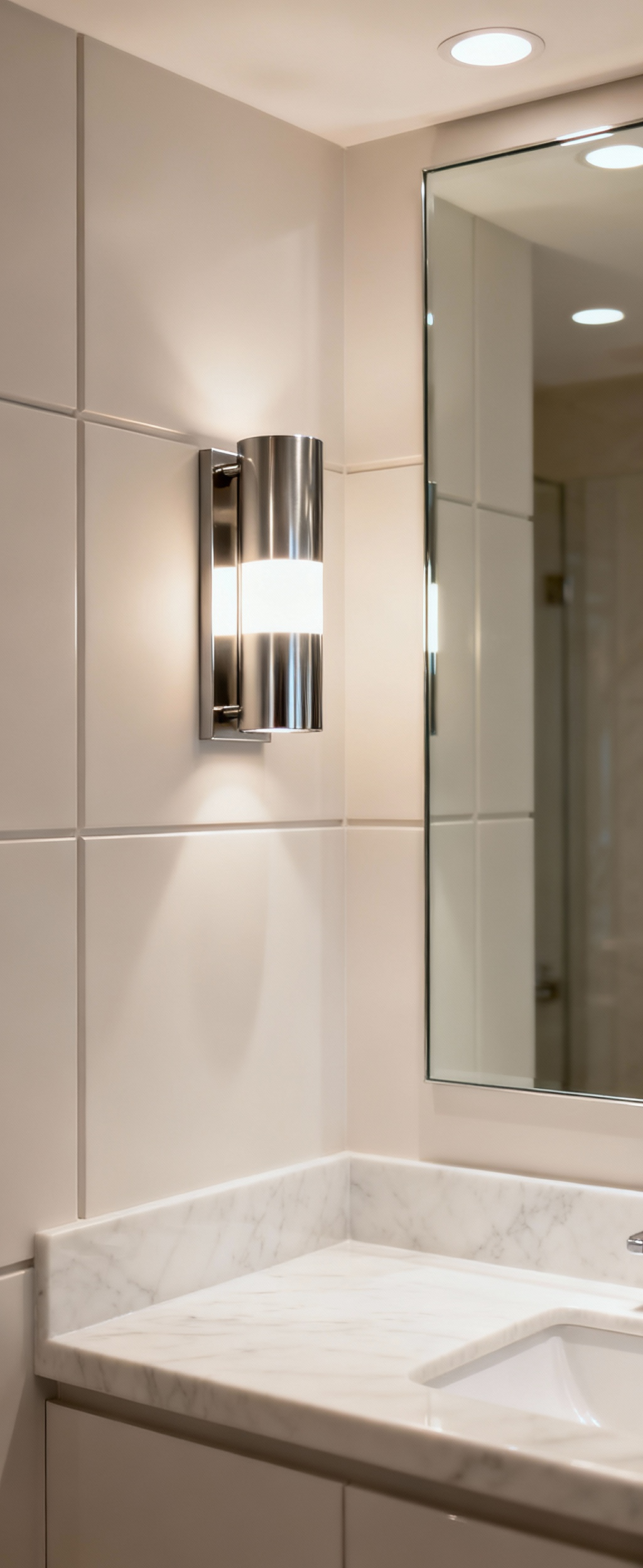Close-up of a modern, durable bathroom vanity light fixture, featuring sleek, corrosion-resistant metal construction and a design that implies modularity for easy component replacement, above a white marble vanity in a well-lit, luxurious bathroom.
