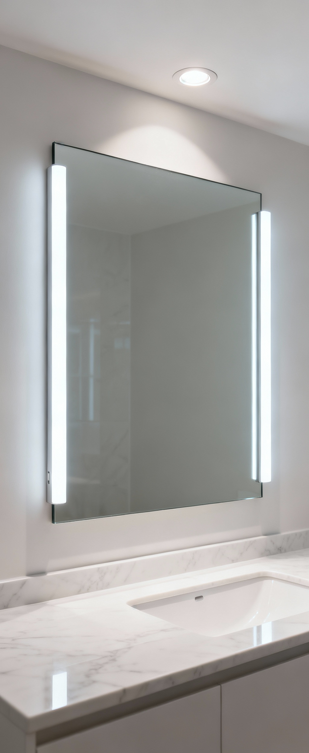 Modern bathroom vanity with vertical LED light bars and an overhead light providing precise, shadow-free illumination for enhanced visual acuity in grooming.