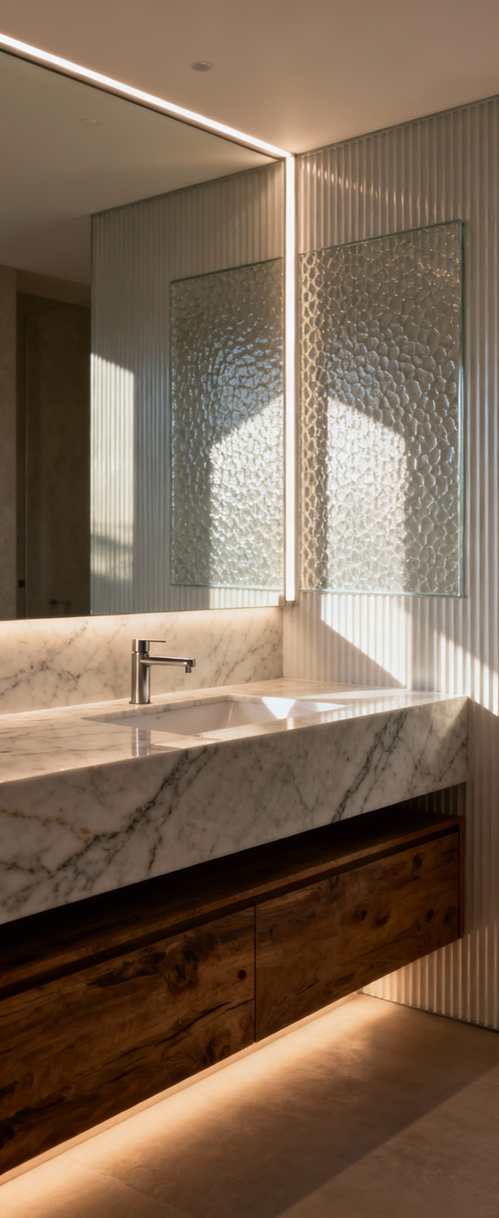 Modern bathroom vanity showcasing textured fluted glass and honed marble illuminated by strategic linear and ambient lighting to highlight material depth and texture.
