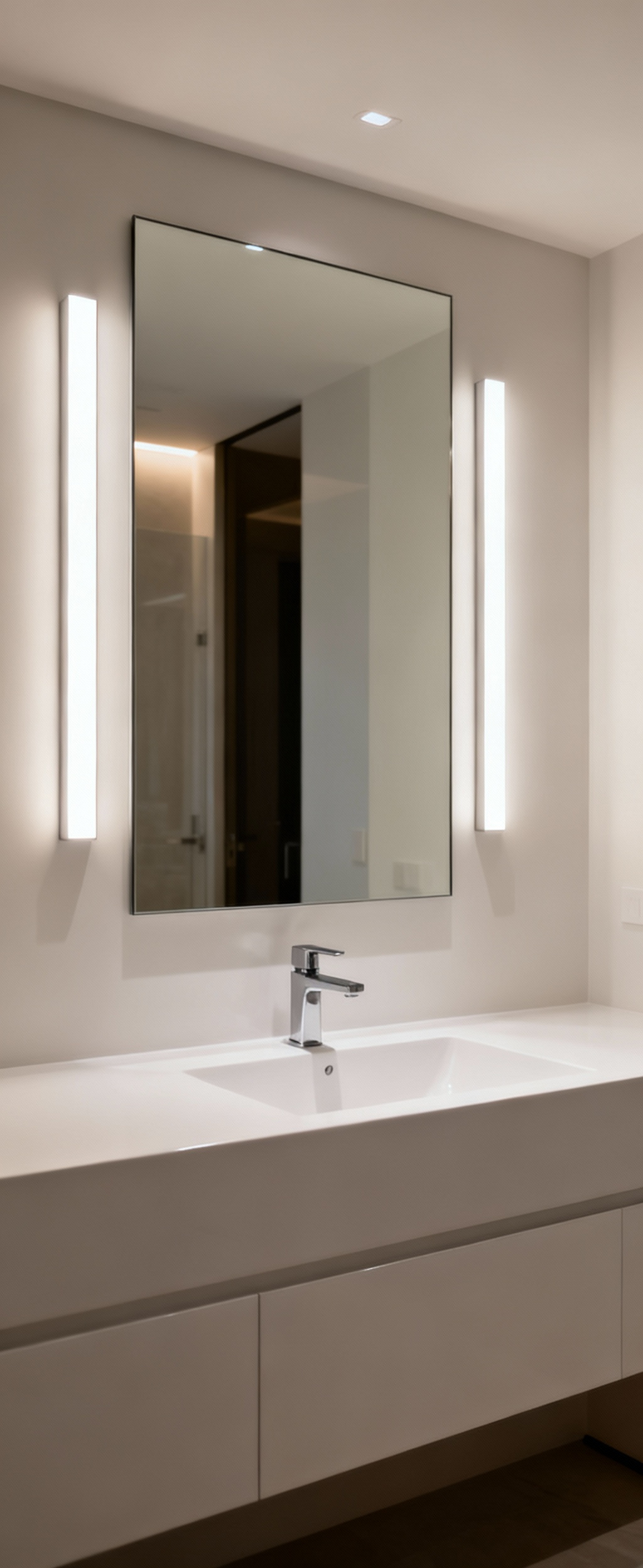 Bathroom vanity with a large mirror flanked by vertical LED light bars, demonstrating glare-free, even illumination. Modern design with white countertop, no overhead lighting visible.