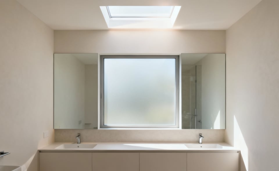 Bathroom with abundant natural light, large window, and skylight designed for circadian rhythm harmony, featuring light-colored finishes and serene ambiance.