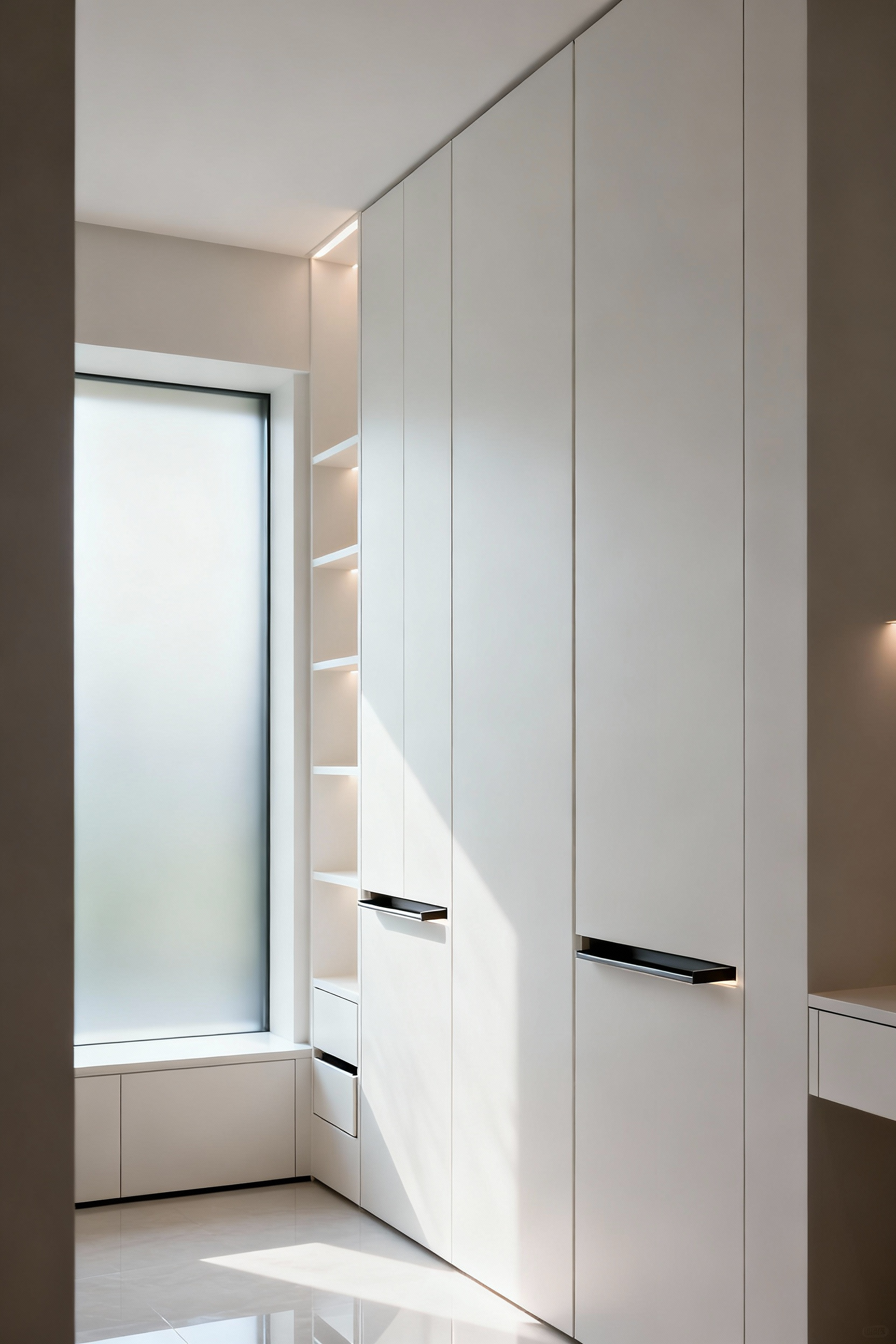 A contemporary bathroom showcasing integrated, floor-to-ceiling white vertical storage cabinetry and recessed shelving, designed to maximize space and create a clutter-free, serene aesthetic.