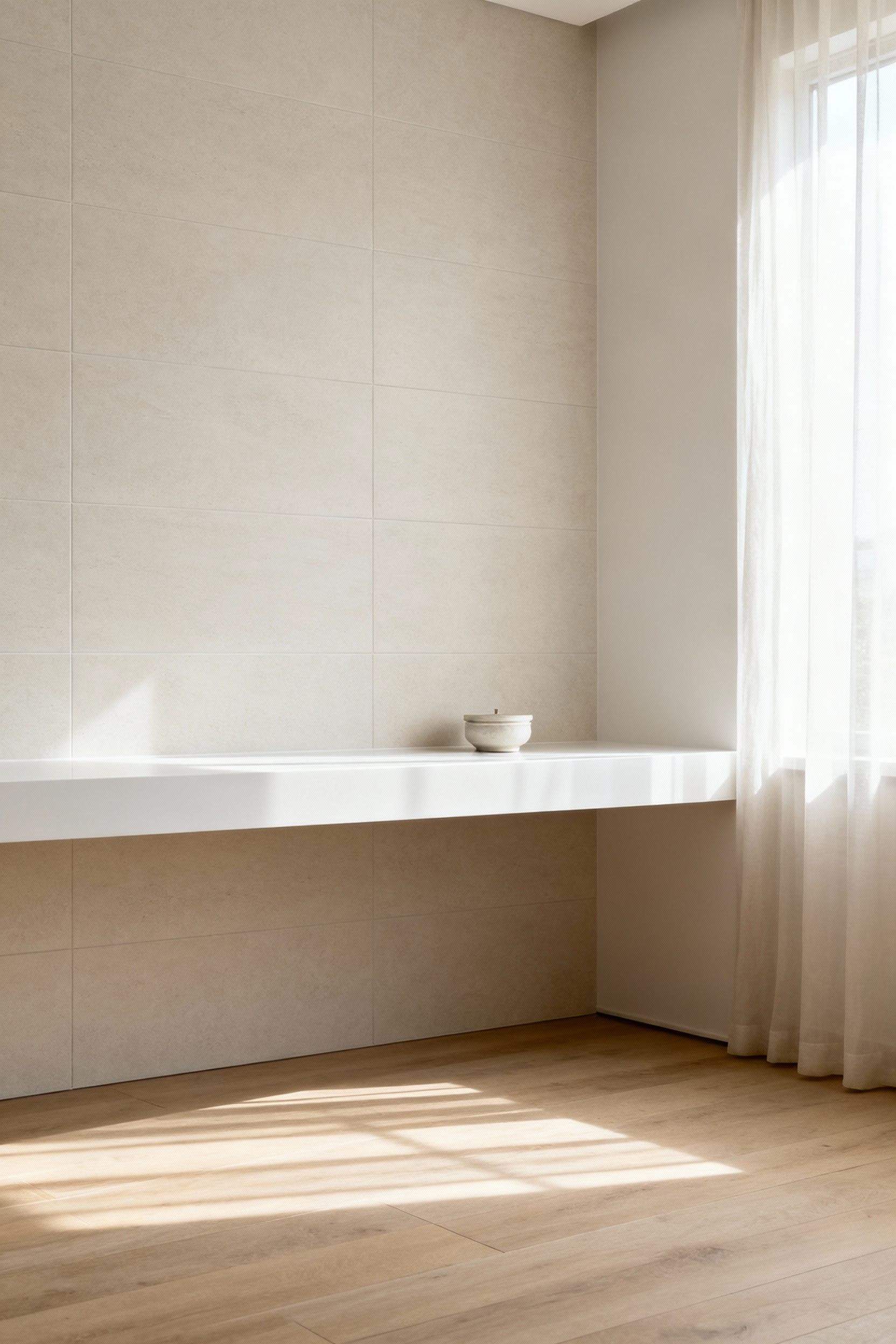 A serene and modern bathroom detail showcasing pristine low-VOC finishes and eco-friendly materials, designed for superior indoor air quality and holistic well-being.