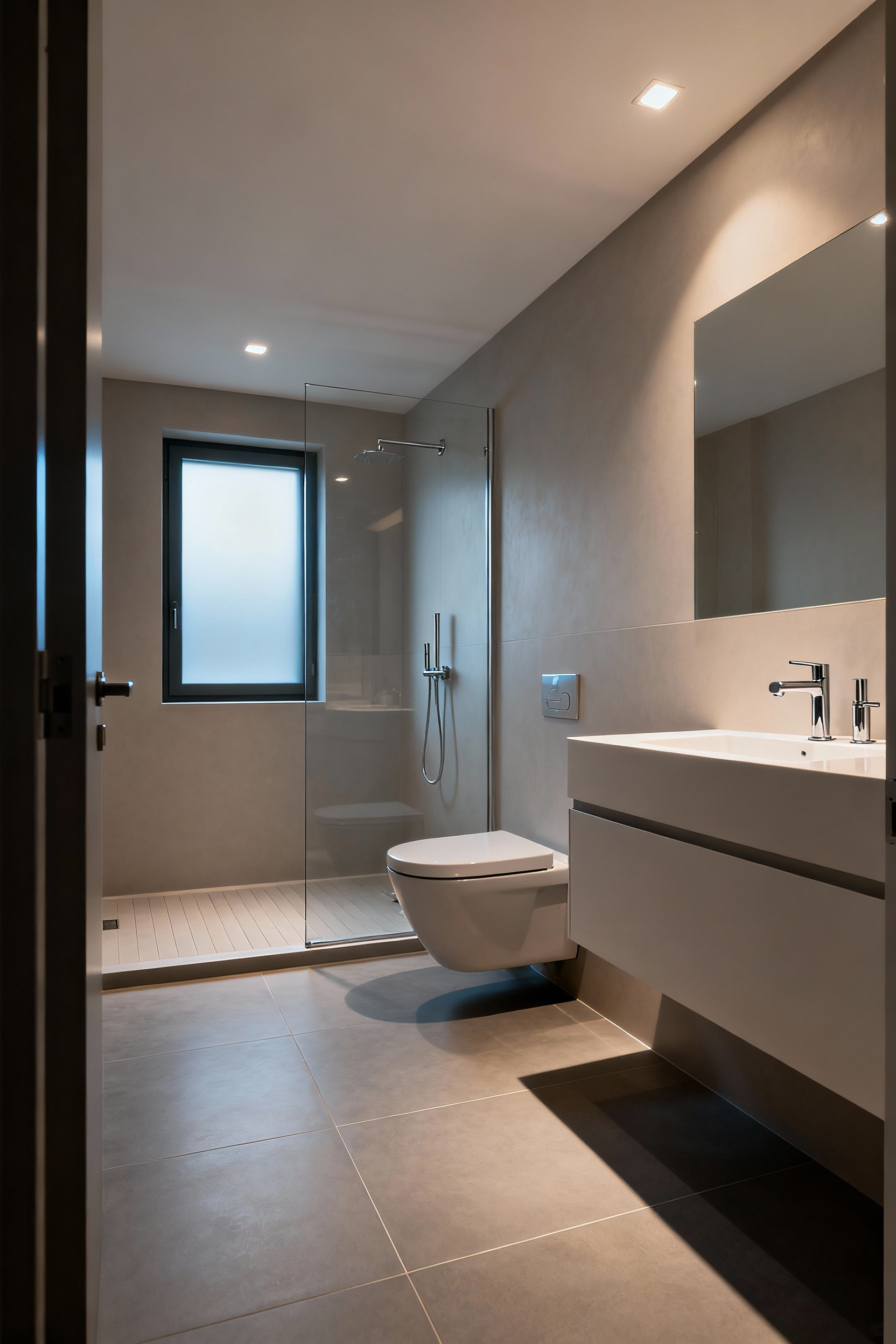 A modern universally designed bathroom featuring a curbless shower, comfort-height toilet, lever faucets, and non-slip matte tiles, emphasizing effortless accessibility.
