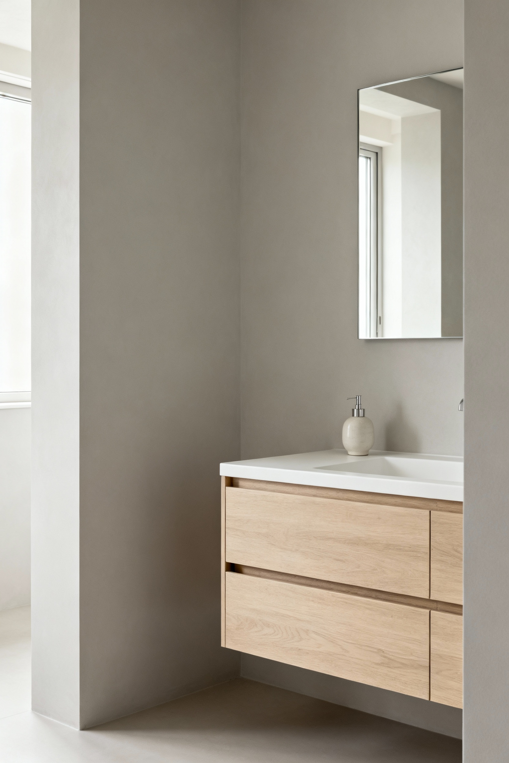 A pristine, minimalist bathroom with a floating wood vanity, clear counter, and a frameless mirror, reflecting a serene and uncluttered design, promoting visual calmness.