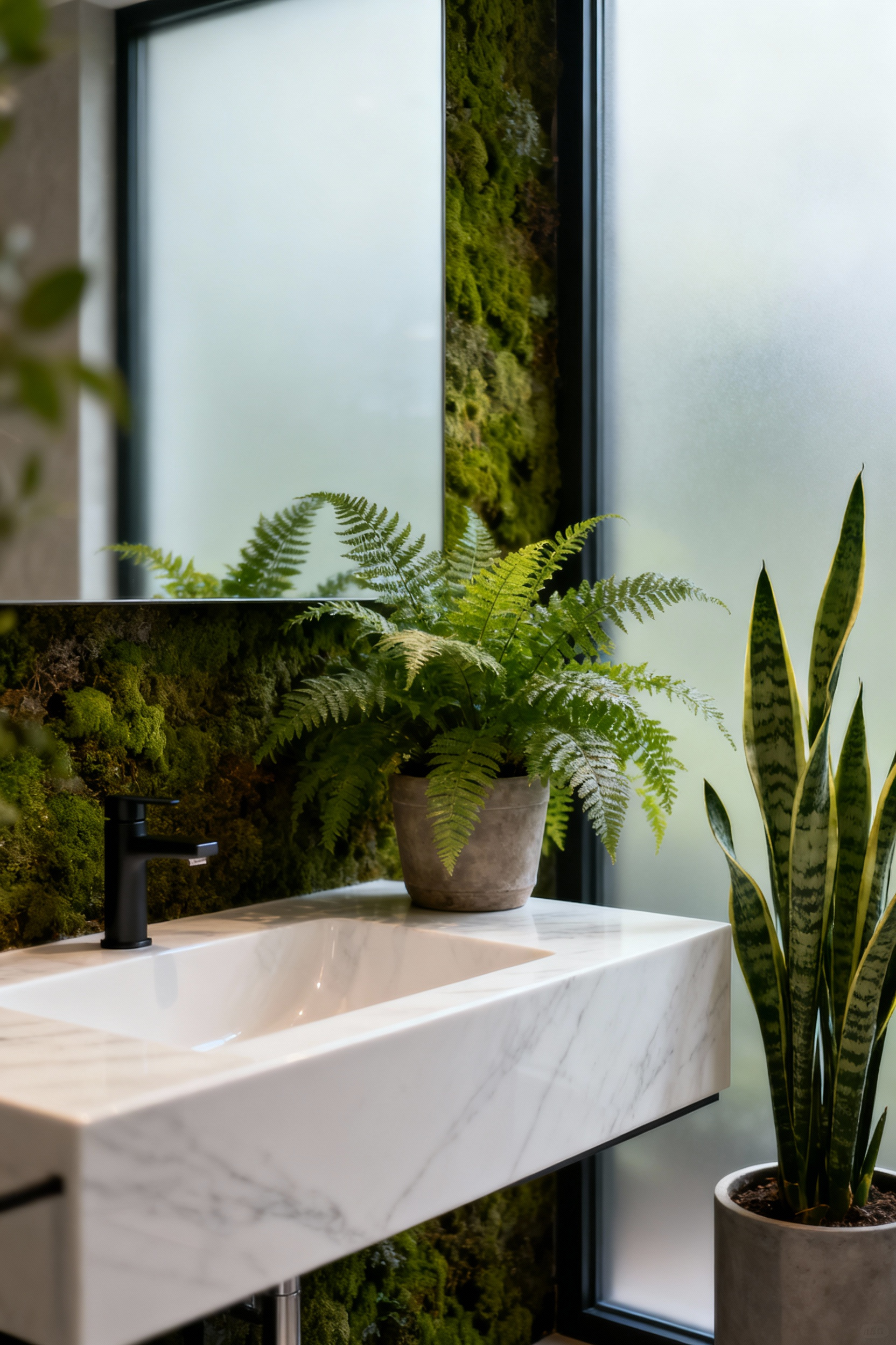 Luxurious bathroom with diverse indoor greenery, including ferns, snake plants, and a moss wall, for a biophilic and restorative atmosphere.