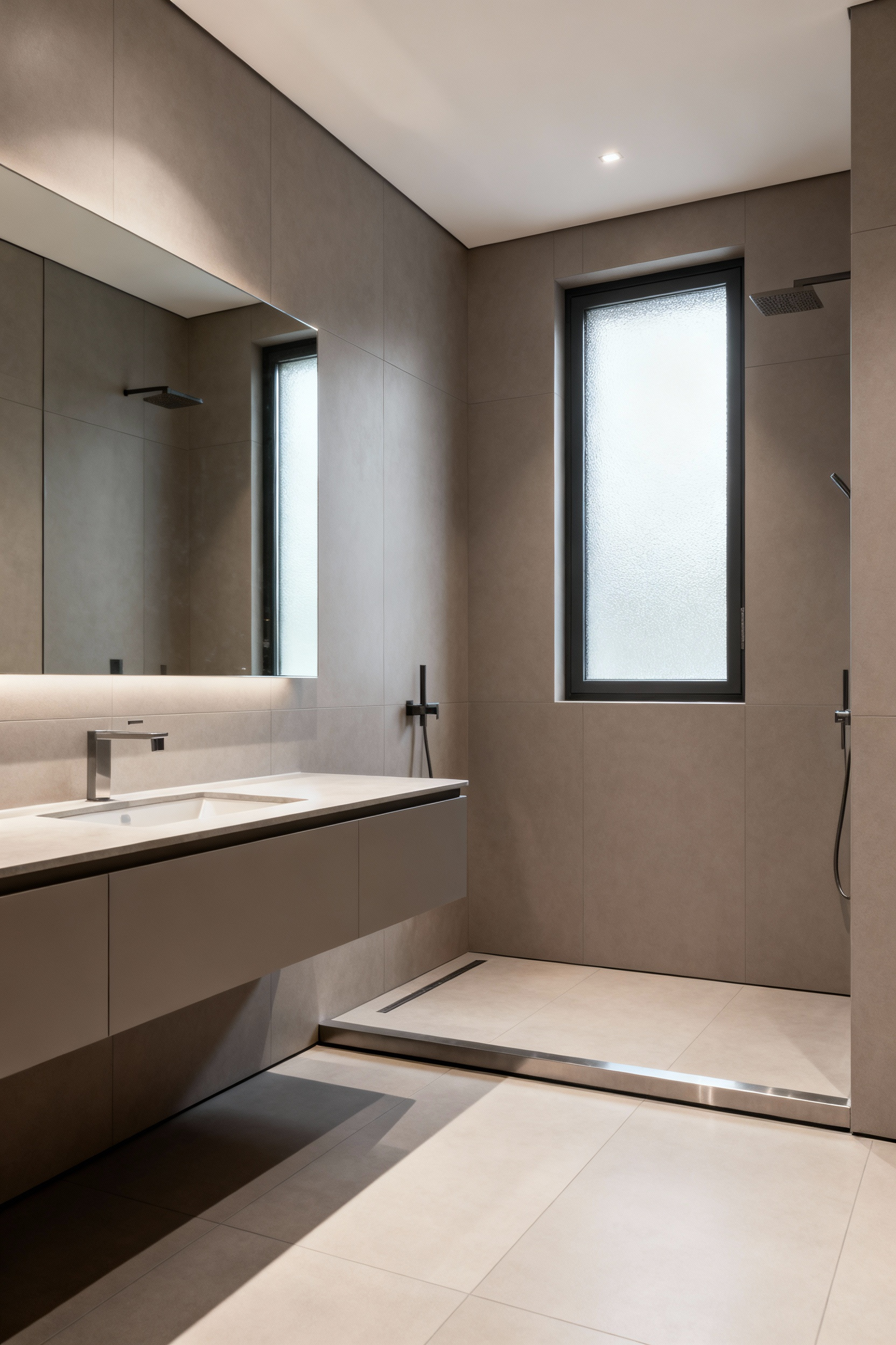 Elegant bathroom with hygro-thermal resilient porcelain tiles on walls and floor, sleek floating vanity, and curbless shower, designed for durability and moisture resistance.