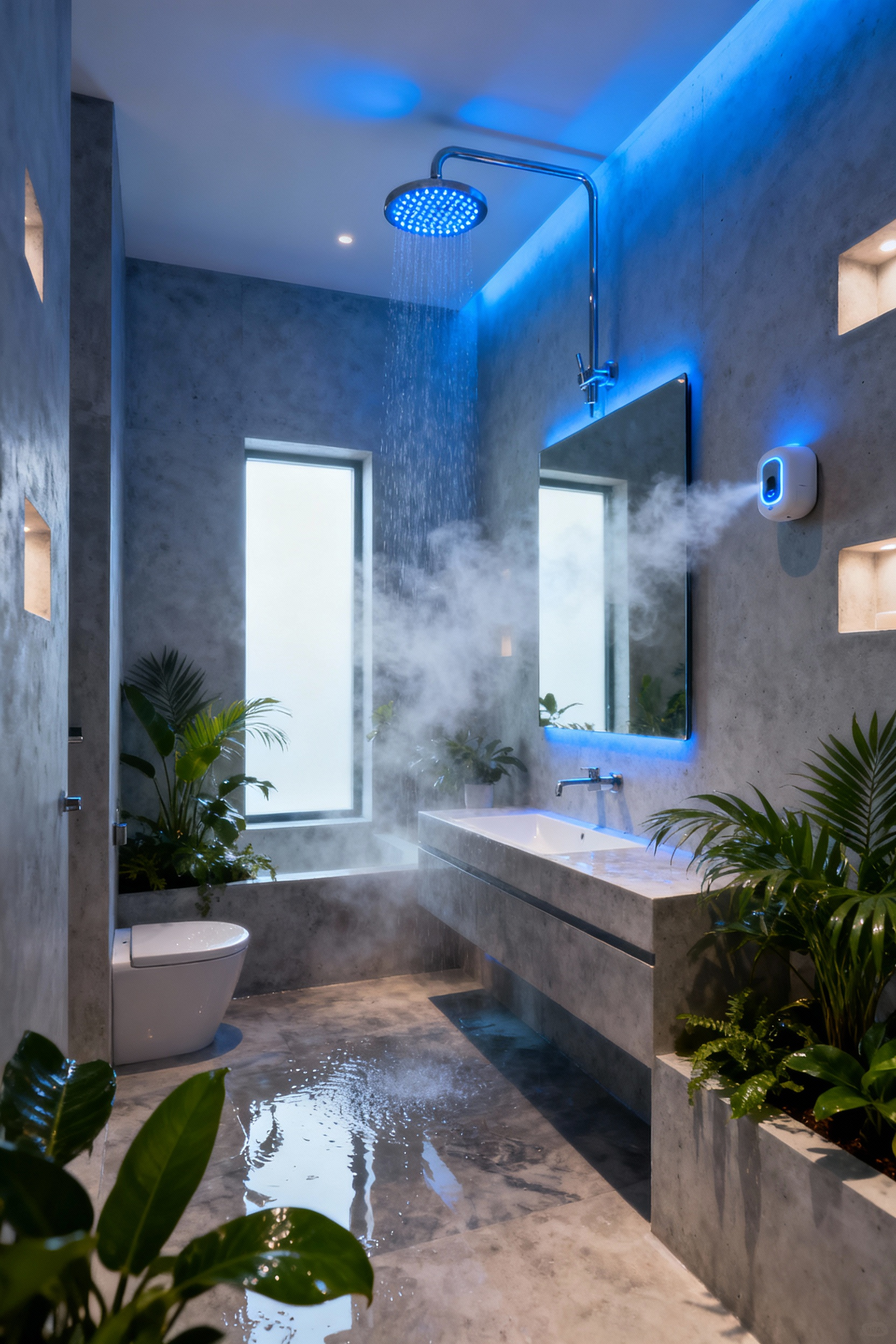 Modern bathroom with integrated chromotherapy lighting and aromatherapy diffuser, showcasing advanced wellness technology for holistic well-being.