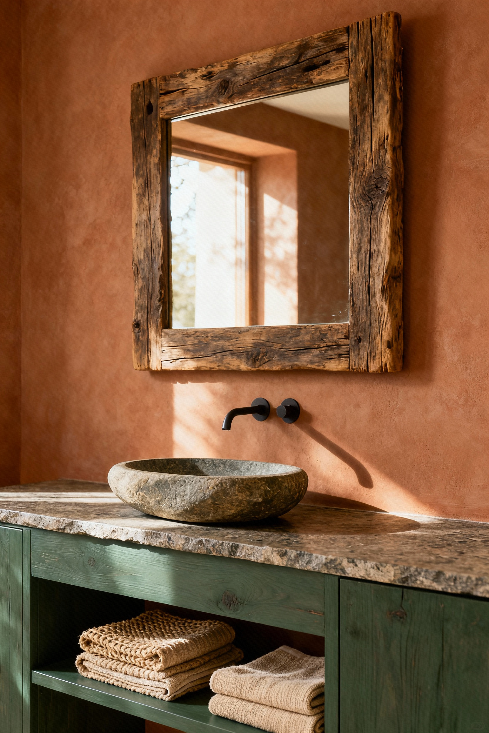 Bathroom featuring an earthy color palette with terracotta walls, a sage green vanity, unpolished stone textures, and a large wooden mirror, bathed in soft natural light.