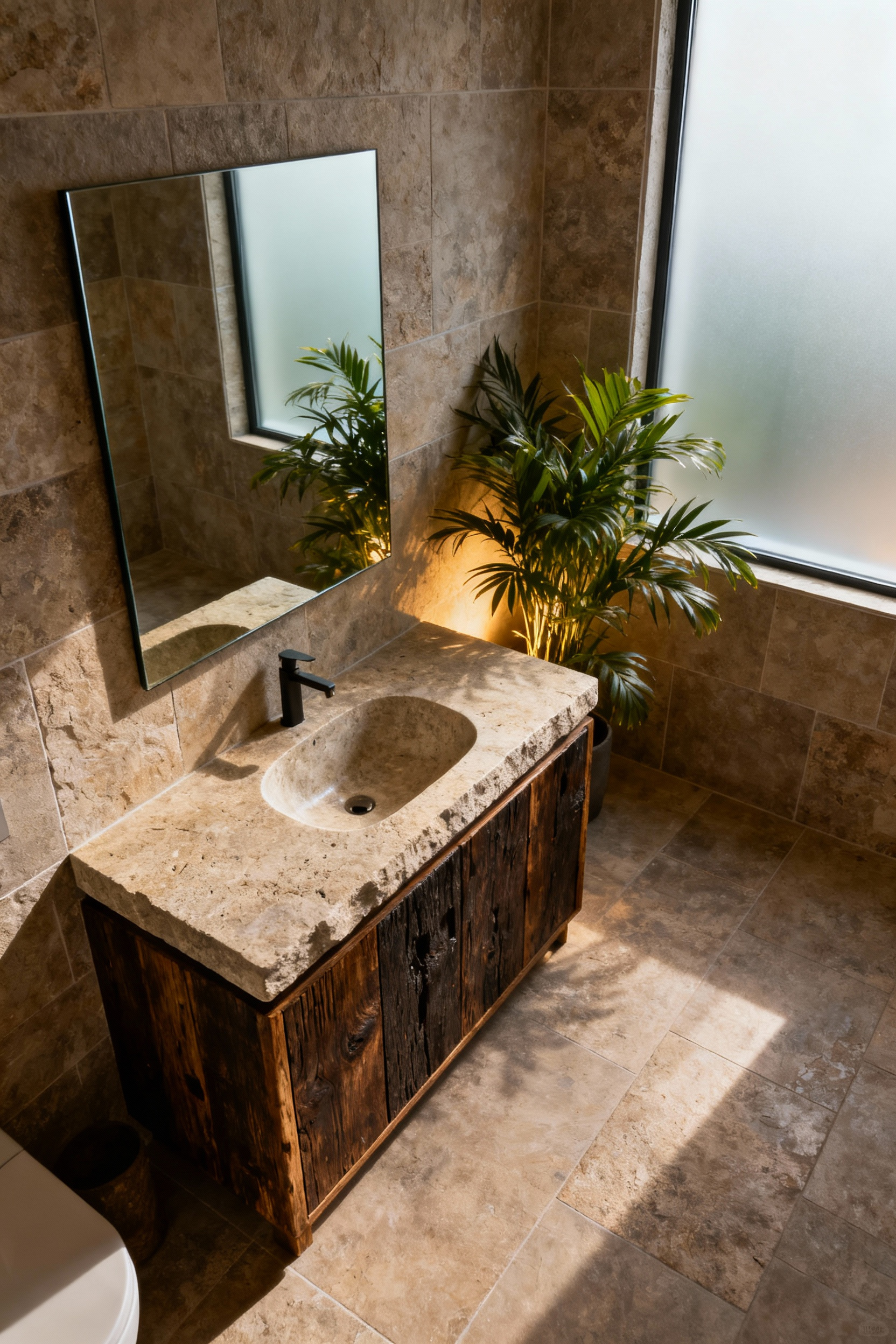 Biophilic bathroom design featuring natural stone countertops, walls, and a reclaimed wood vanity for a luxurious and authentic feel.